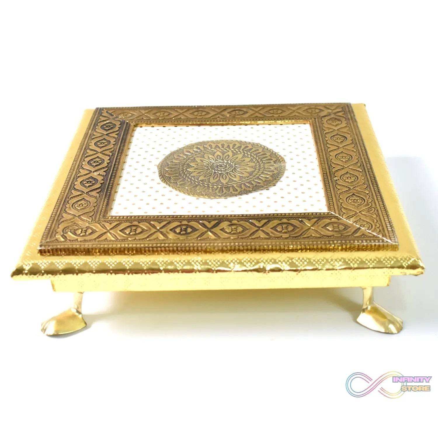 Golden - Square Pooja Chowki Patla / Bajot (20×20 CM / 1 Pc) - infinityexculsivestore.com