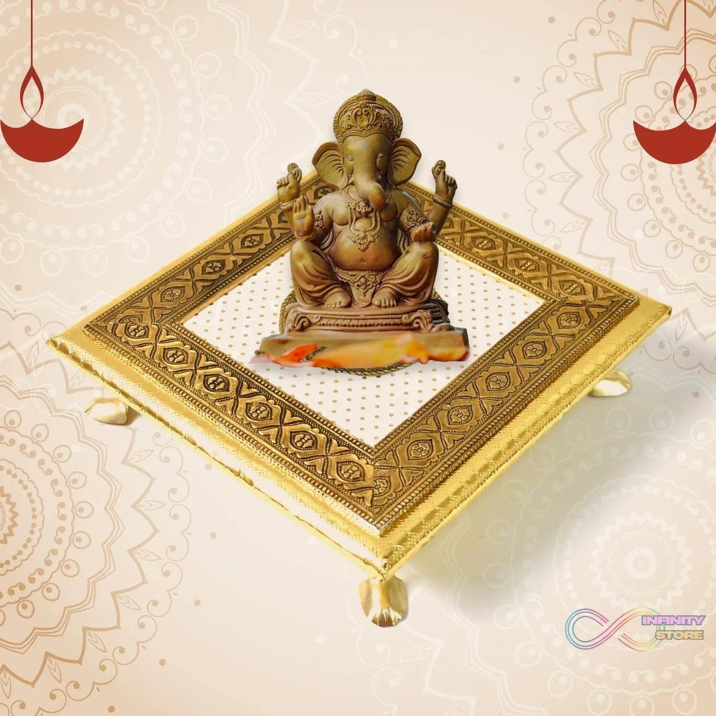 Golden - Square Pooja Chowki Patla / Bajot (20×20 CM / 1 Pc) - infinityexculsivestore.com