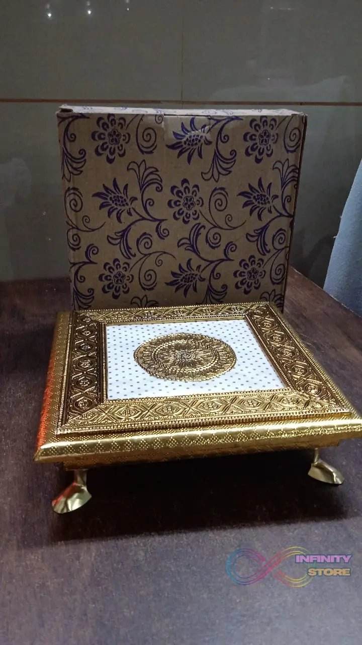 Golden - Square Pooja Chowki Patla / Bajot (20×20 CM / 1 Pc) - infinityexculsivestore.com