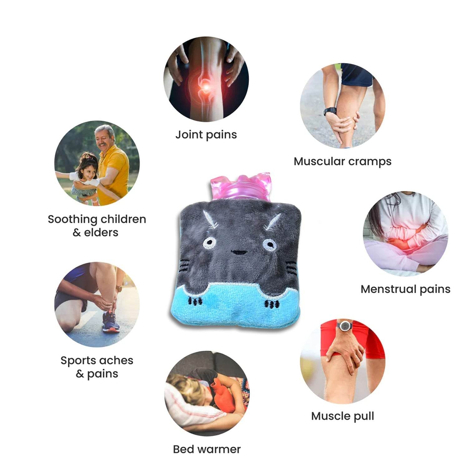 Grey Cat Print Small Hot Water Bag with Cover for Pain Relief - infinityexculsivestore.com