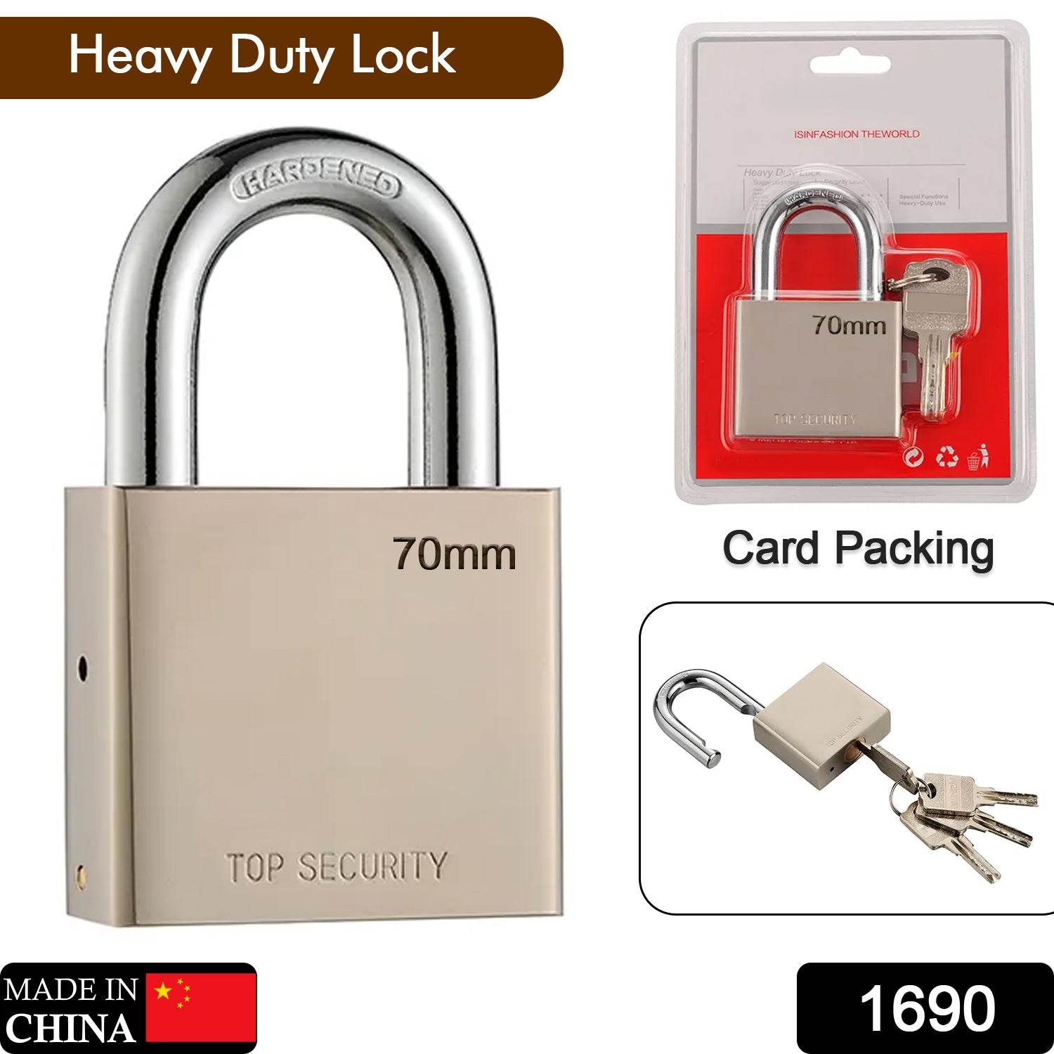 Heavy Steel Premium Square Padlock 70mm With 4 Keys | Multipurpose Hardened Shackle Padlock for Door, Gate, Shutter and Home - infinityexculsivestore.com