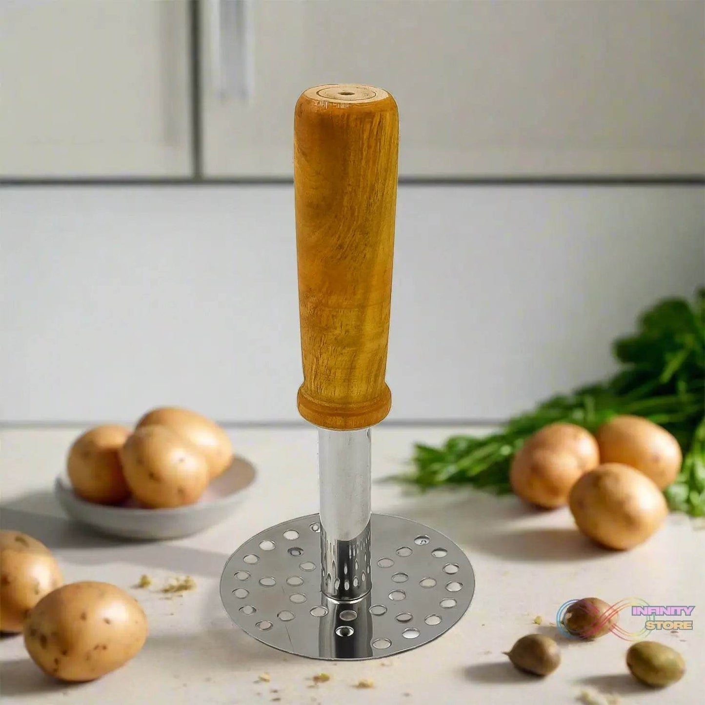 High Grade Stainless Steel Potato Masher Paubhaji / Pav Bhaji Masher with Wooden handle (1 Pc) - infinityexculsivestore.com