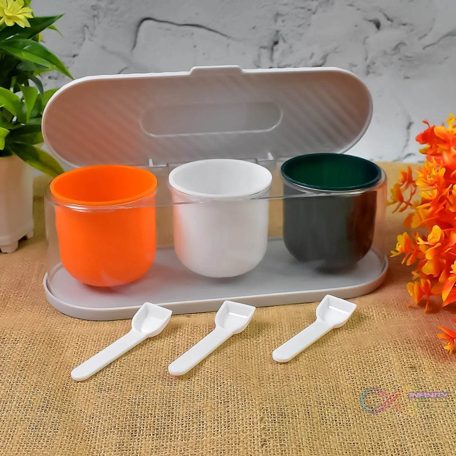 Home Kitchen 3 Grid Seasoning Spice / Masala Box Kit with Spoon (Multicolor / 1 Set) - infinityexculsivestore.com