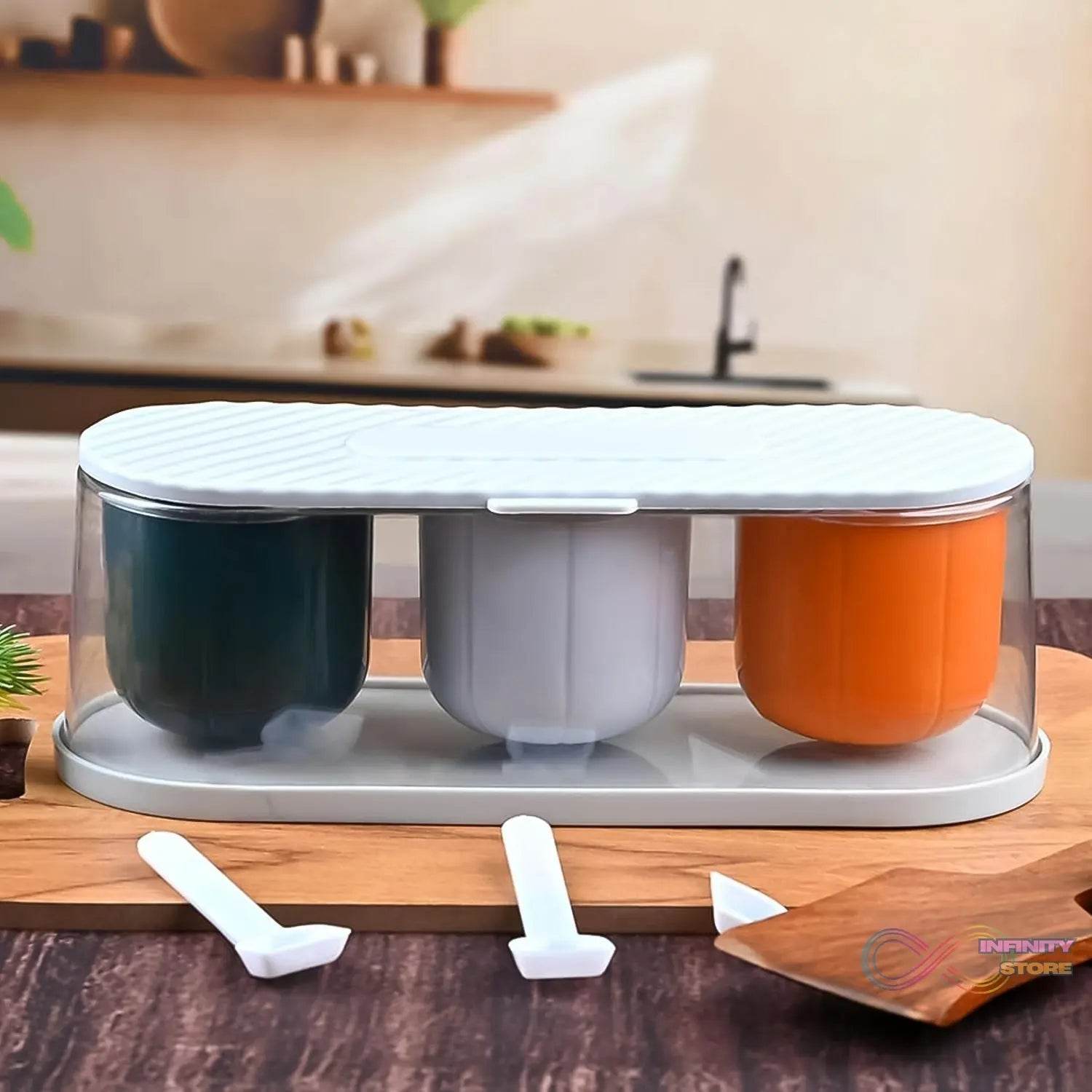 Home Kitchen 3 Grid Seasoning Spice / Masala Box Kit with Spoon (Multicolor / 1 Set) - infinityexculsivestore.com