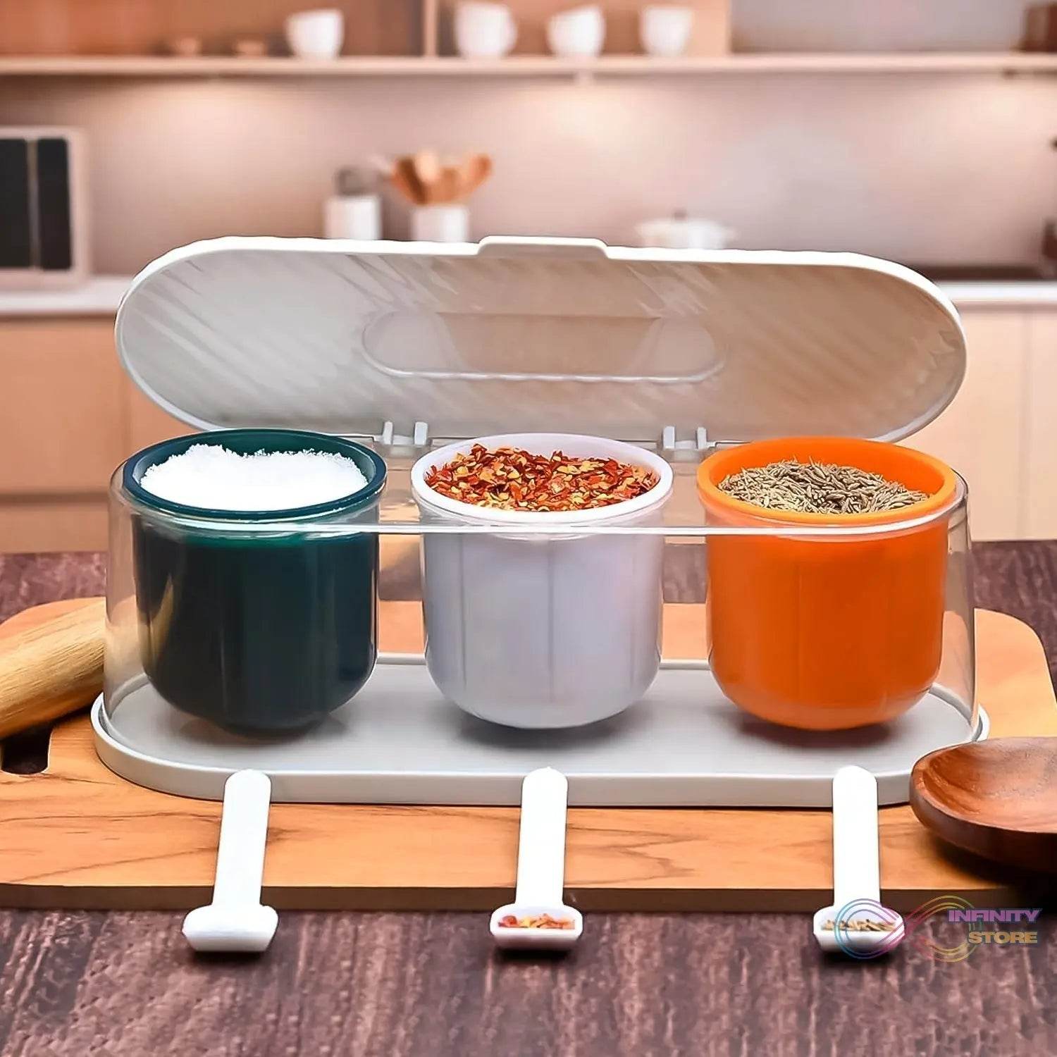 Home Kitchen 3 Grid Seasoning Spice / Masala Box Kit with Spoon (Multicolor / 1 Set) - infinityexculsivestore.com