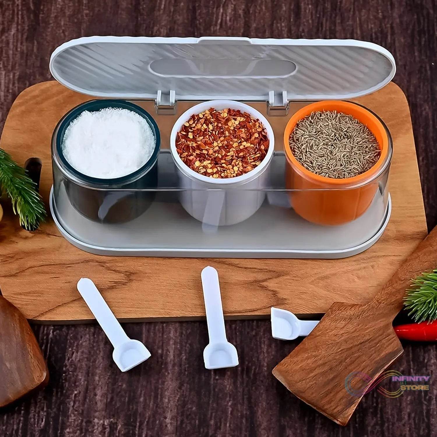 Home Kitchen 3 Grid Seasoning Spice / Masala Box Kit with Spoon (Multicolor / 1 Set) - infinityexculsivestore.com
