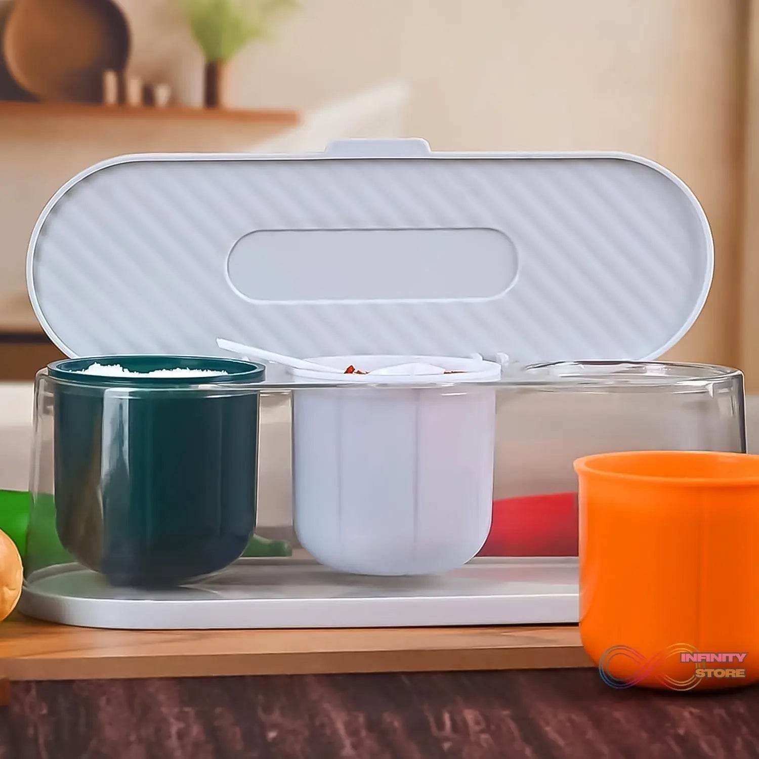 Home Kitchen 3 Grid Seasoning Spice / Masala Box Kit with Spoon (Multicolor / 1 Set) - infinityexculsivestore.com