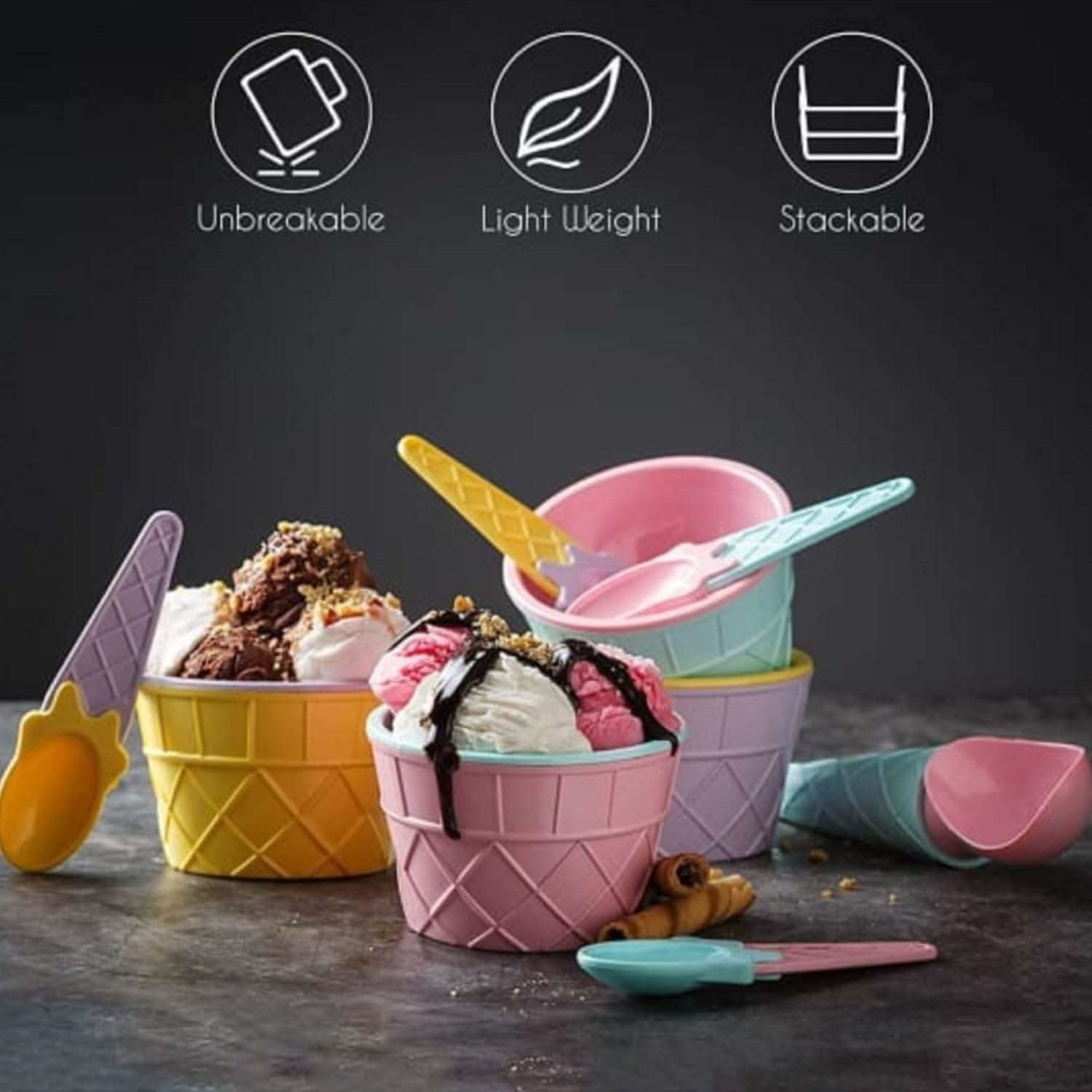 Ice-Cream Waffle Spoon Bowel Cup Set | Premium ice Cream Set | Ice-Cream Bowel with Spoon | 6 units Couple Bowl Set | Color Box - infinityexculsivestore.com