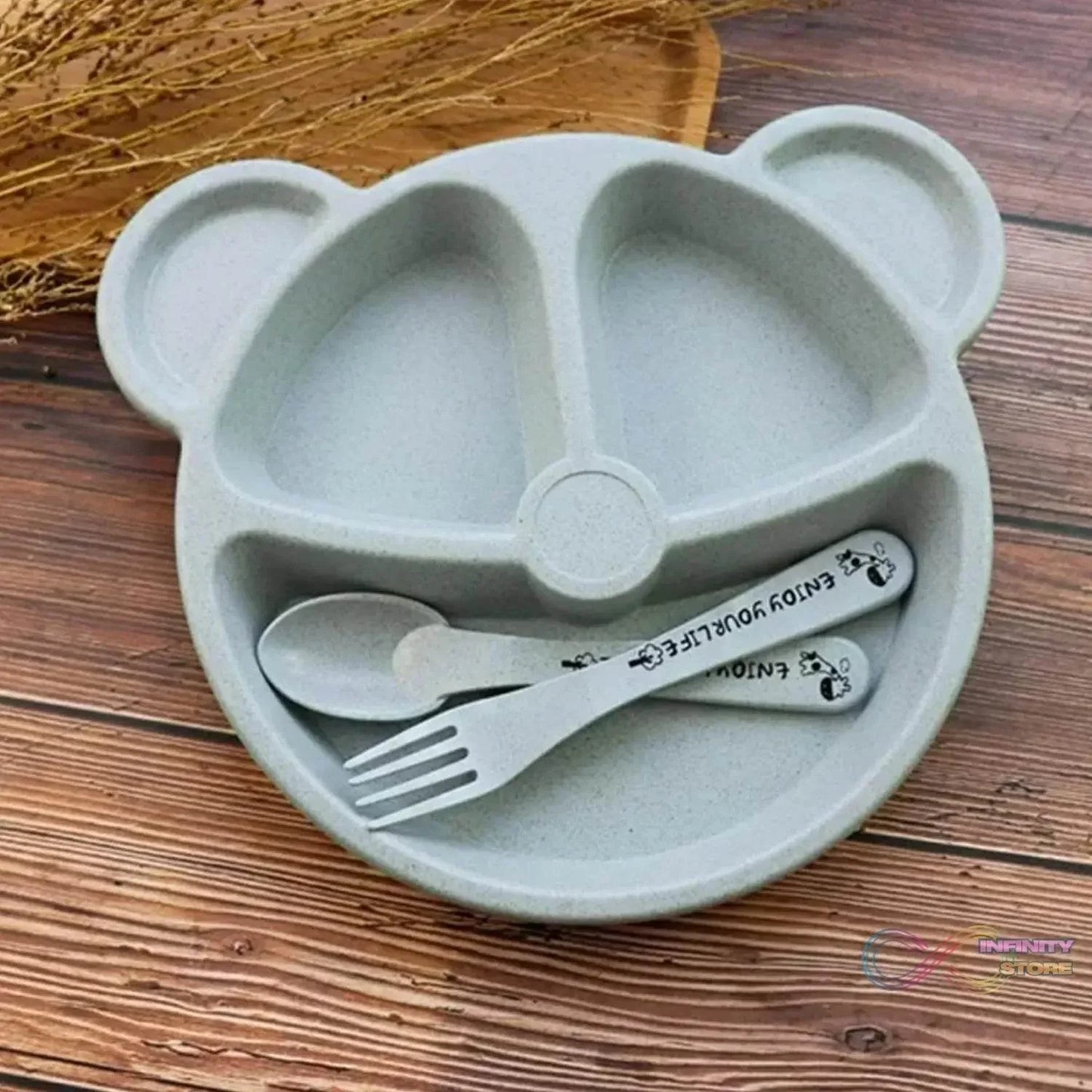Kids 3 Compartment Food Tray / Plates With Spoon & Fork (1 Set) - infinityexculsivestore.com