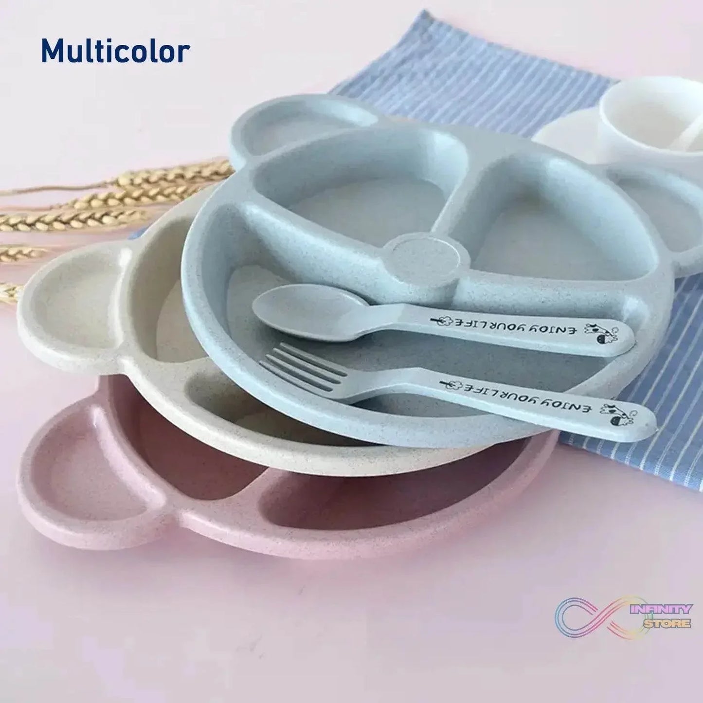Kids 3 Compartment Food Tray / Plates With Spoon & Fork (1 Set) - infinityexculsivestore.com