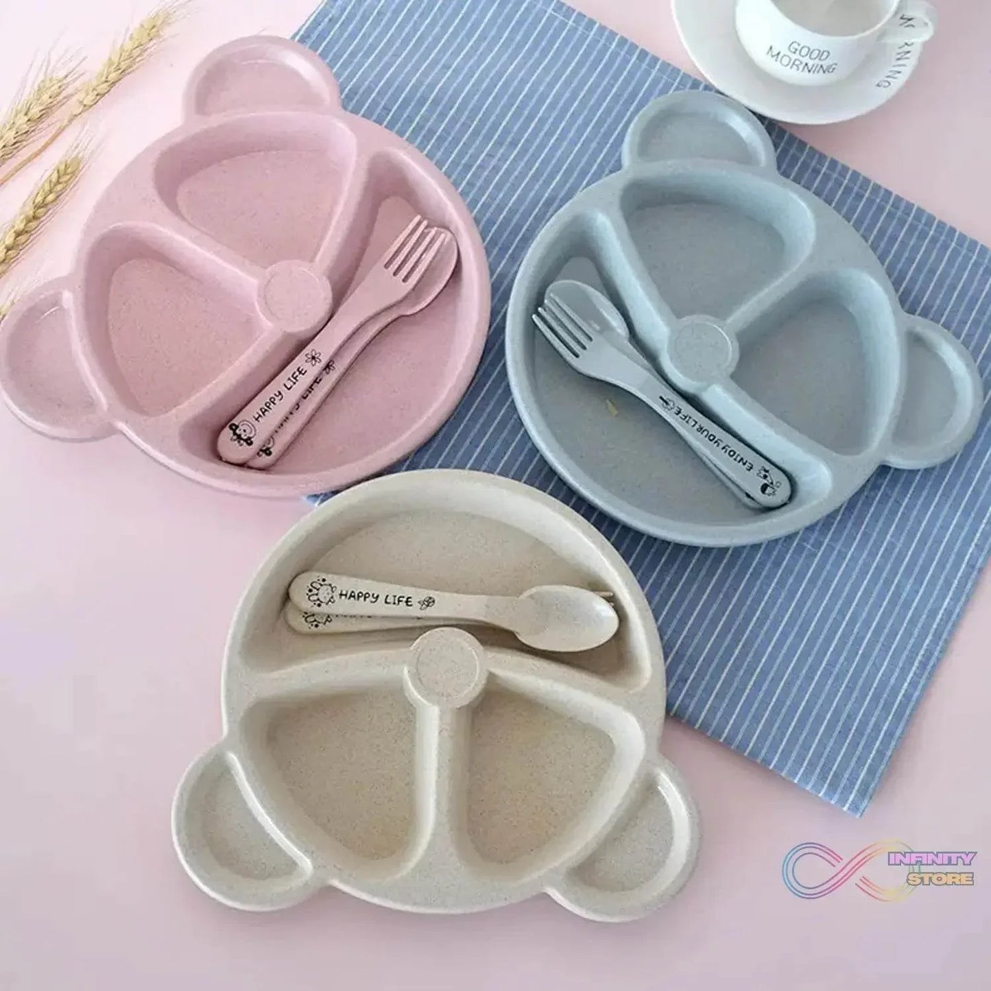 Kids 3 Compartment Food Tray / Plates With Spoon & Fork (1 Set) - infinityexculsivestore.com