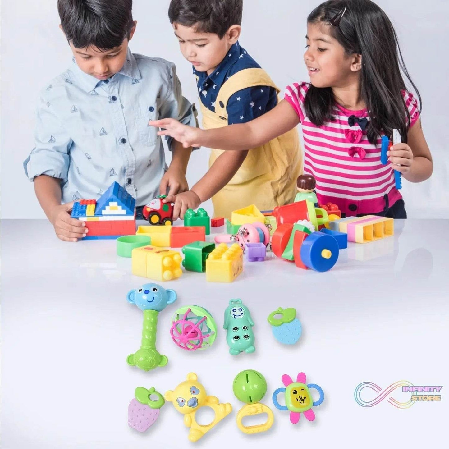 Kinder Rattles Classic Store Plastic Non-Toxic Shake and Grab Ball Baby Rattles & Teethers (8 Pcs Set) - infinityexculsivestore.com