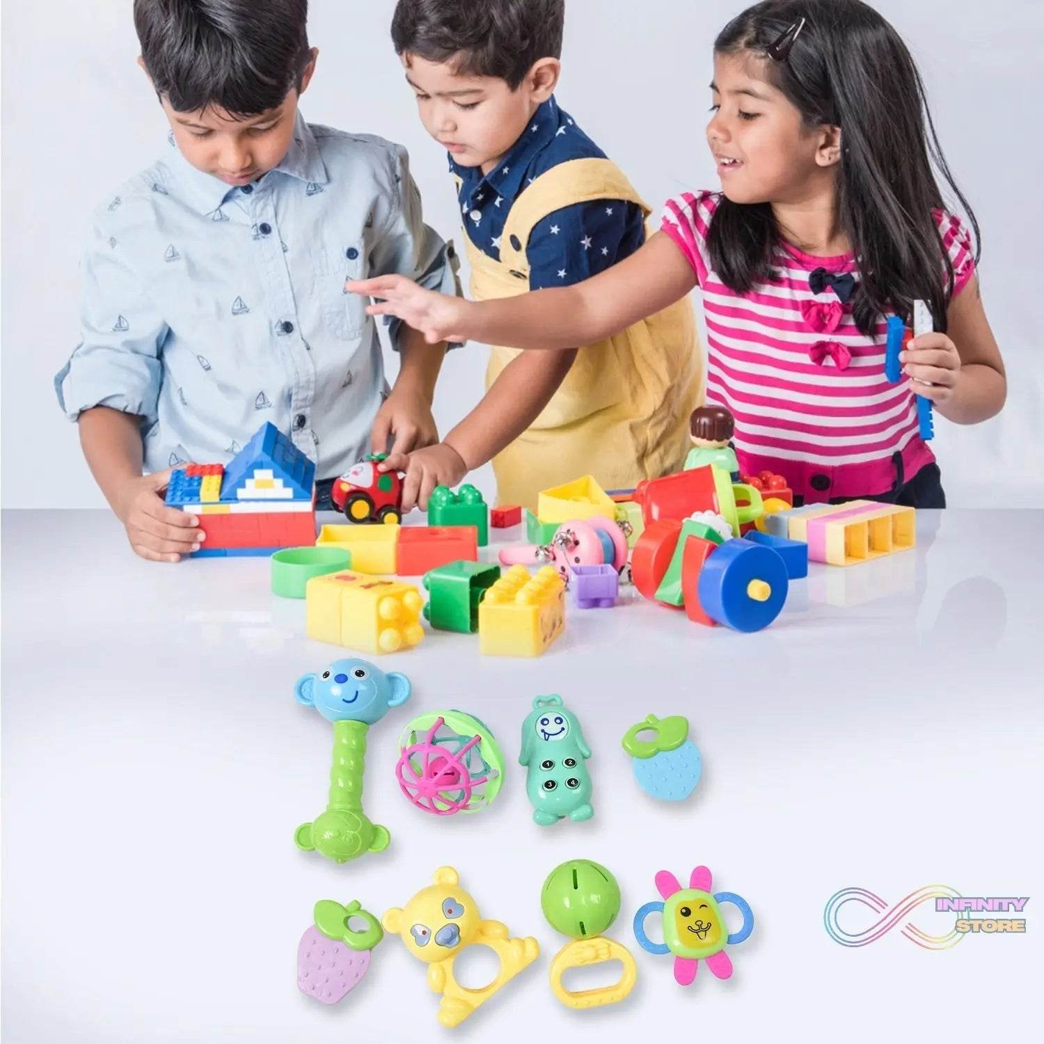 Kinder Rattles Classic Store Plastic Non-Toxic Shake and Grab Ball Baby Rattles & Teethers (8 Pcs Set) - infinityexculsivestore.com