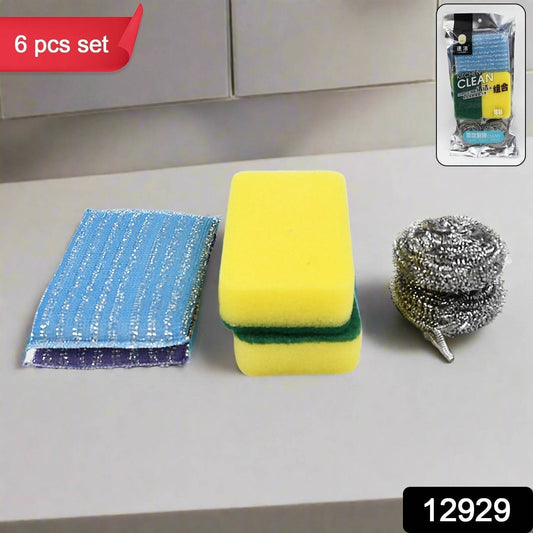 Kitchen Cleaning Tool Set Microfiber Kitchen Utensils High Performance Scouring Sponge Set Dish Sponge, Stainless Steel Scouring Pad (6 Pcs Set) - infinityexculsivestore.com