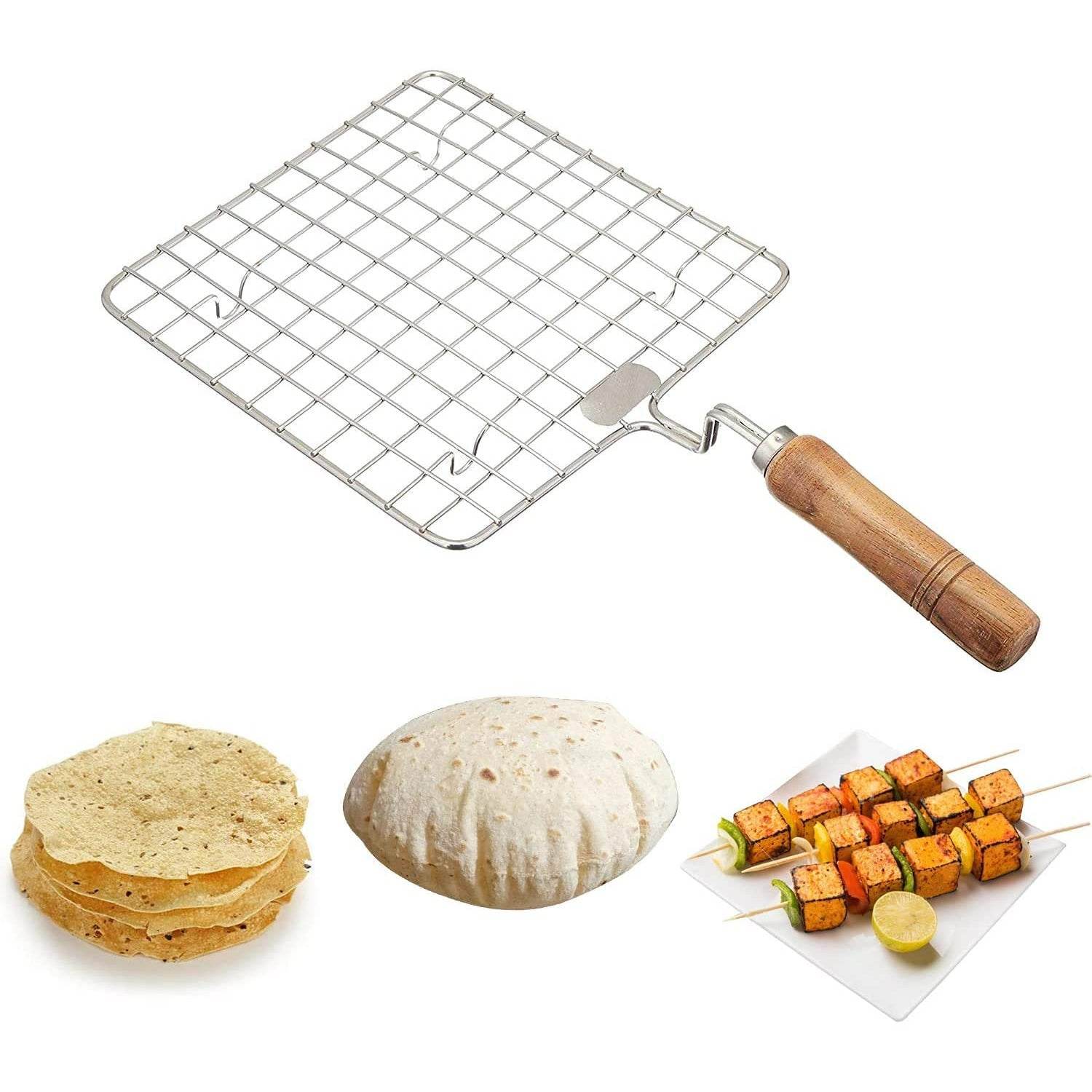 Kitchen Square Stainless Steel Roaster Jali, Barbecue Grill with Wooden Handle - infinityexculsivestore.com