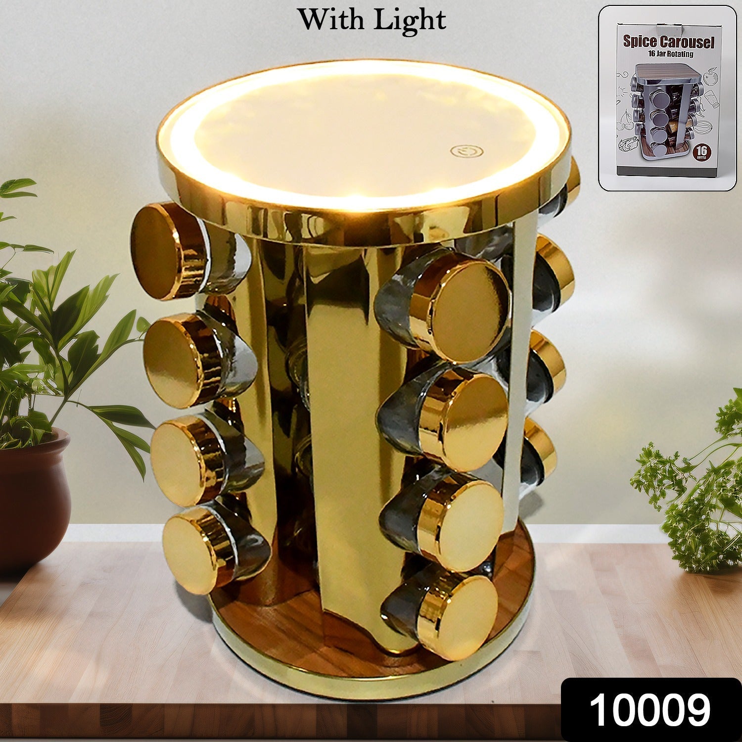 LED Spice Rack Organizer, Rotating Spice Rack with Free 16 Seasoning Jars, Revolving Tower Organizer Stainless Steel for Kitchen Storage (Golden / 16 Pc / MOQ - 6 pc) - infinityexculsivestore.com