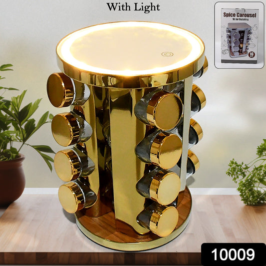 LED Spice Rack Organizer, Rotating Spice Rack with Free 16 Seasoning Jars, Revolving Tower Organizer Stainless Steel for Kitchen Storage (Golden / 16 Pc / MOQ - 6 pc) - infinityexculsivestore.com