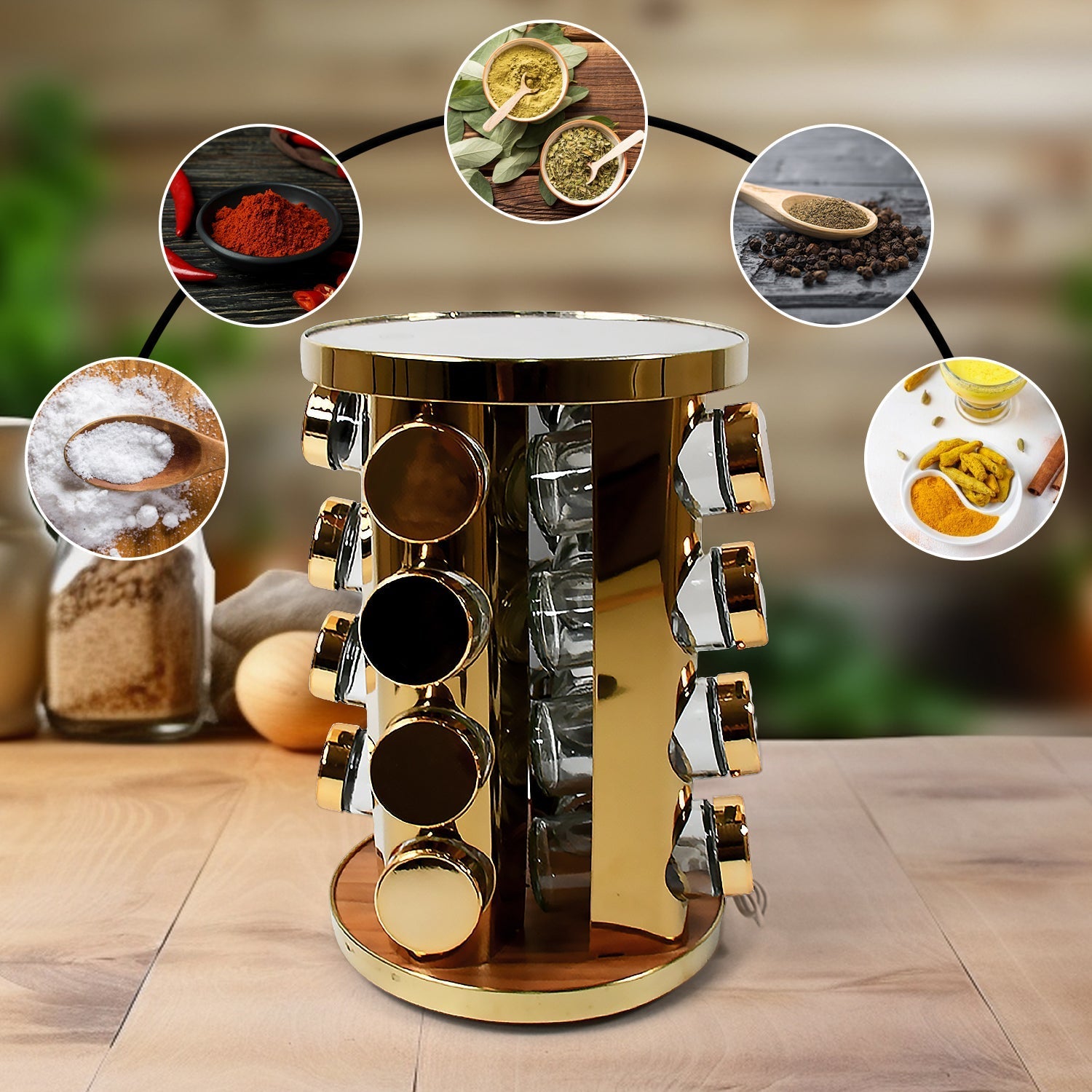 LED Spice Rack Organizer, Rotating Spice Rack with Free 16 Seasoning Jars, Revolving Tower Organizer Stainless Steel for Kitchen Storage (Golden / 16 Pc / MOQ - 6 pc) - infinityexculsivestore.com