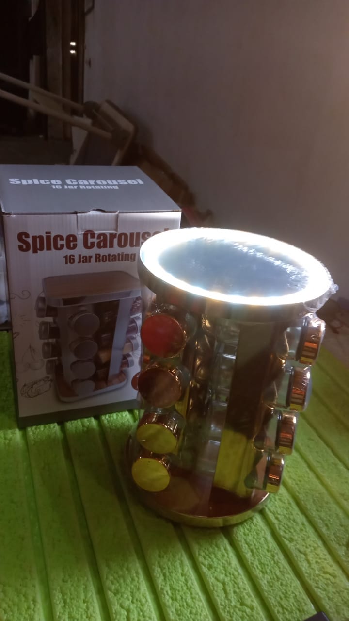 LED Spice Rack Organizer, Rotating Spice Rack with Free 16 Seasoning Jars, Revolving Tower Organizer Stainless Steel for Kitchen Storage (Golden / 16 Pc / MOQ - 6 pc) - infinityexculsivestore.com