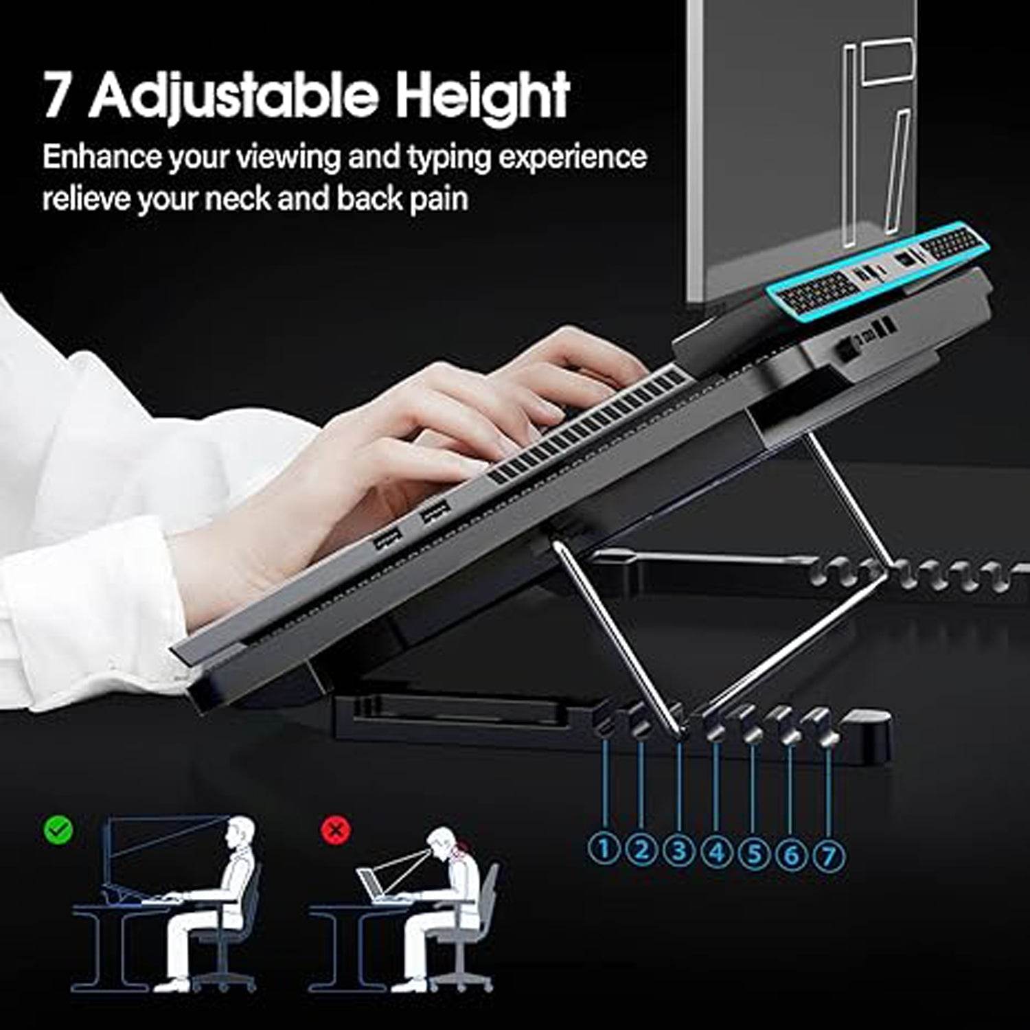Laptop Cooler Cooling Pad with 2 Quiet Led Fans, Dual USB Ports, Portable Ultra Slim USB Powered 7 Heights Adjustable Laptop Stand for Gaming Laptop - infinityexculsivestore.com