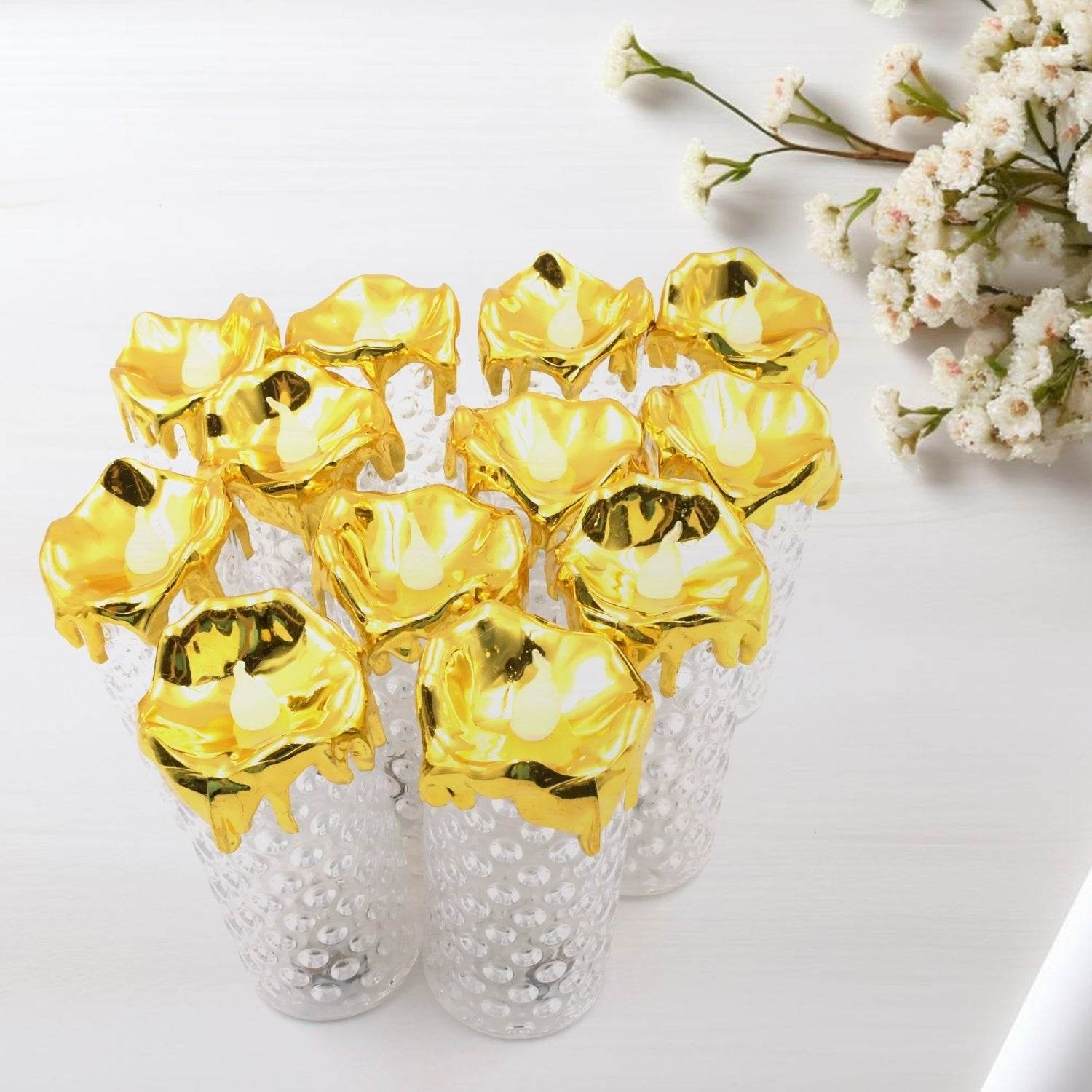 Gold Flameless Candles LED Light Flameless and Smokeless Decorative, Candles Led Tea Light Candle Perfect for Gifting, Home, Diwali,Wedding, Christmas, Crystal Candle Lights, Table Decorations (12 Pc MOQ) - infinityexculsivestore.com