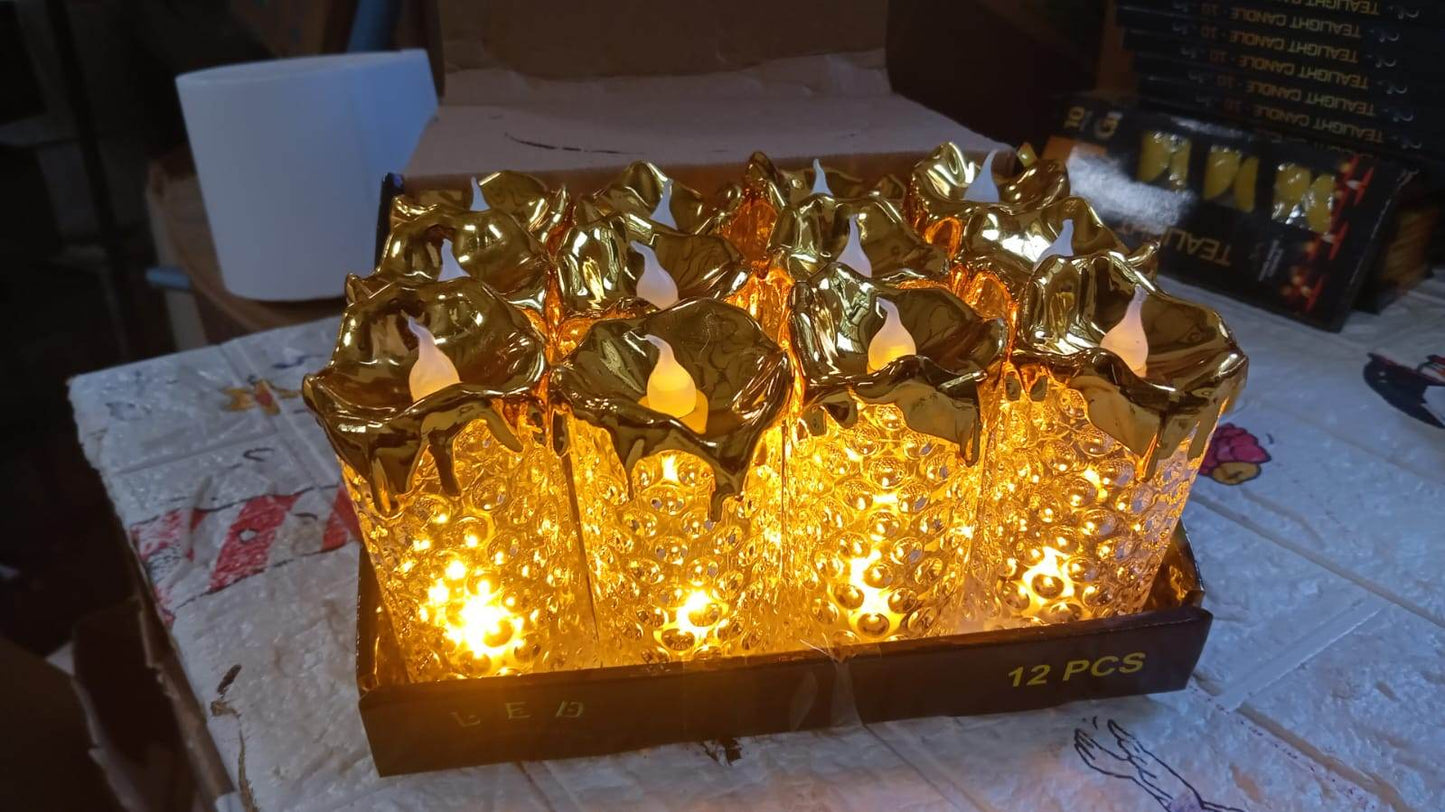Gold Flameless Candles LED Light Flameless and Smokeless Decorative, Candles Led Tea Light Candle Perfect for Gifting, Home, Diwali,Wedding, Christmas, Crystal Candle Lights, Table Decorations (12 Pc MOQ) - infinityexculsivestore.com