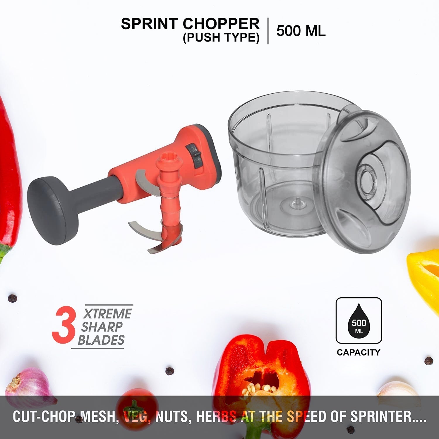 Matte Finish Hand Press Chopper with 3 Blades for Easy Vegetable & Fruit Chopping - infinityexculsivestore.com