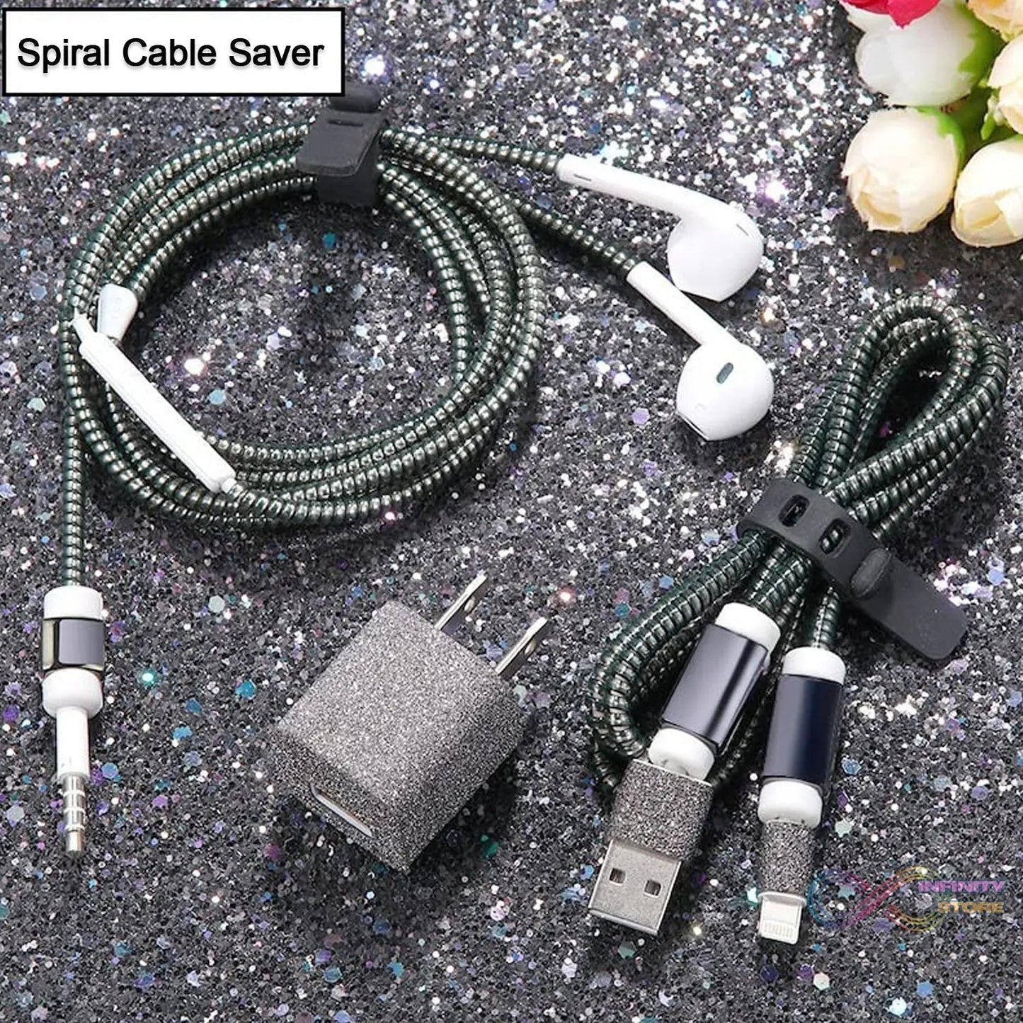 Metallic Finish Cable Spiral Protector / Wire Repair / Pet Cord Protector / Headphone Saver, Cable Wrap / Cover for Mac Charging Cable - infinityexculsivestore.com