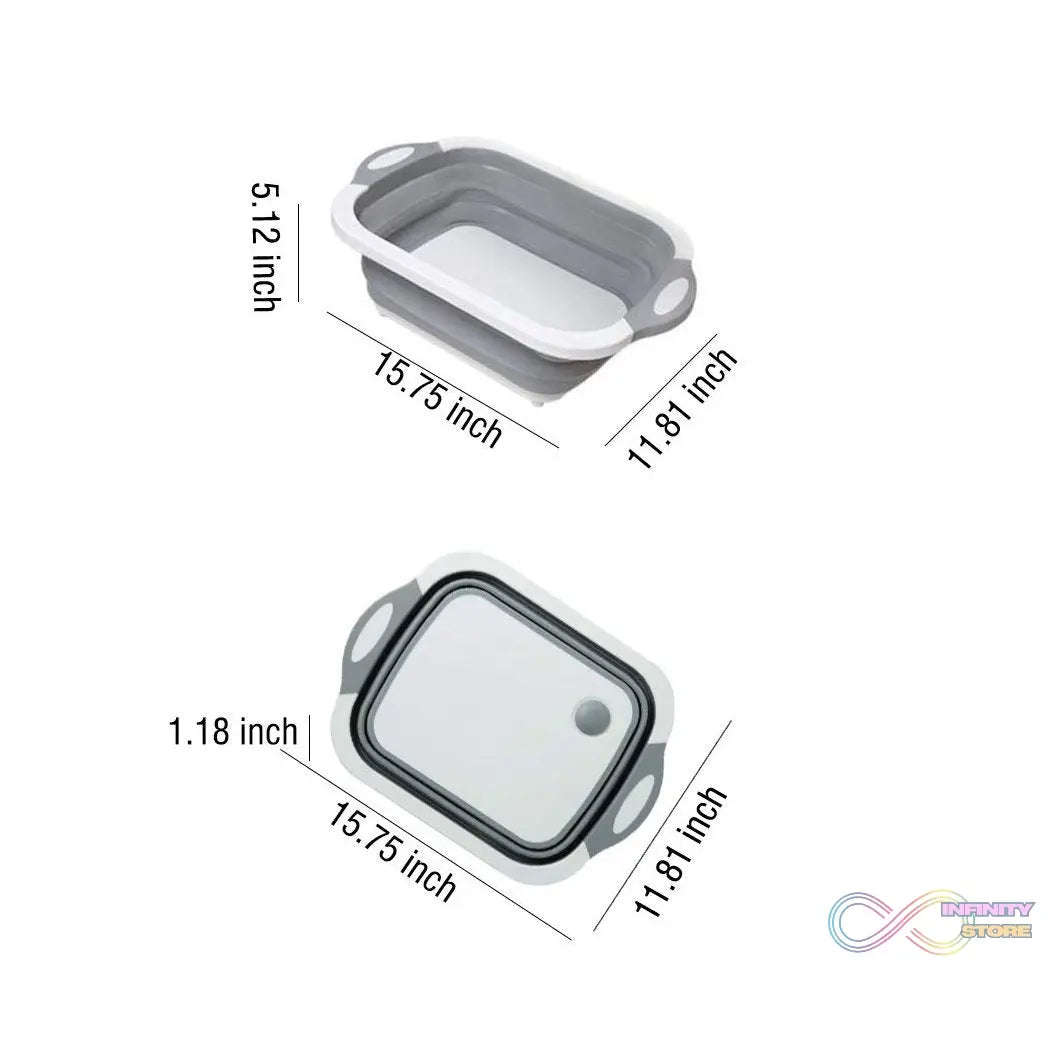 Compact foldable kitchen set with chopping board and dish rack.