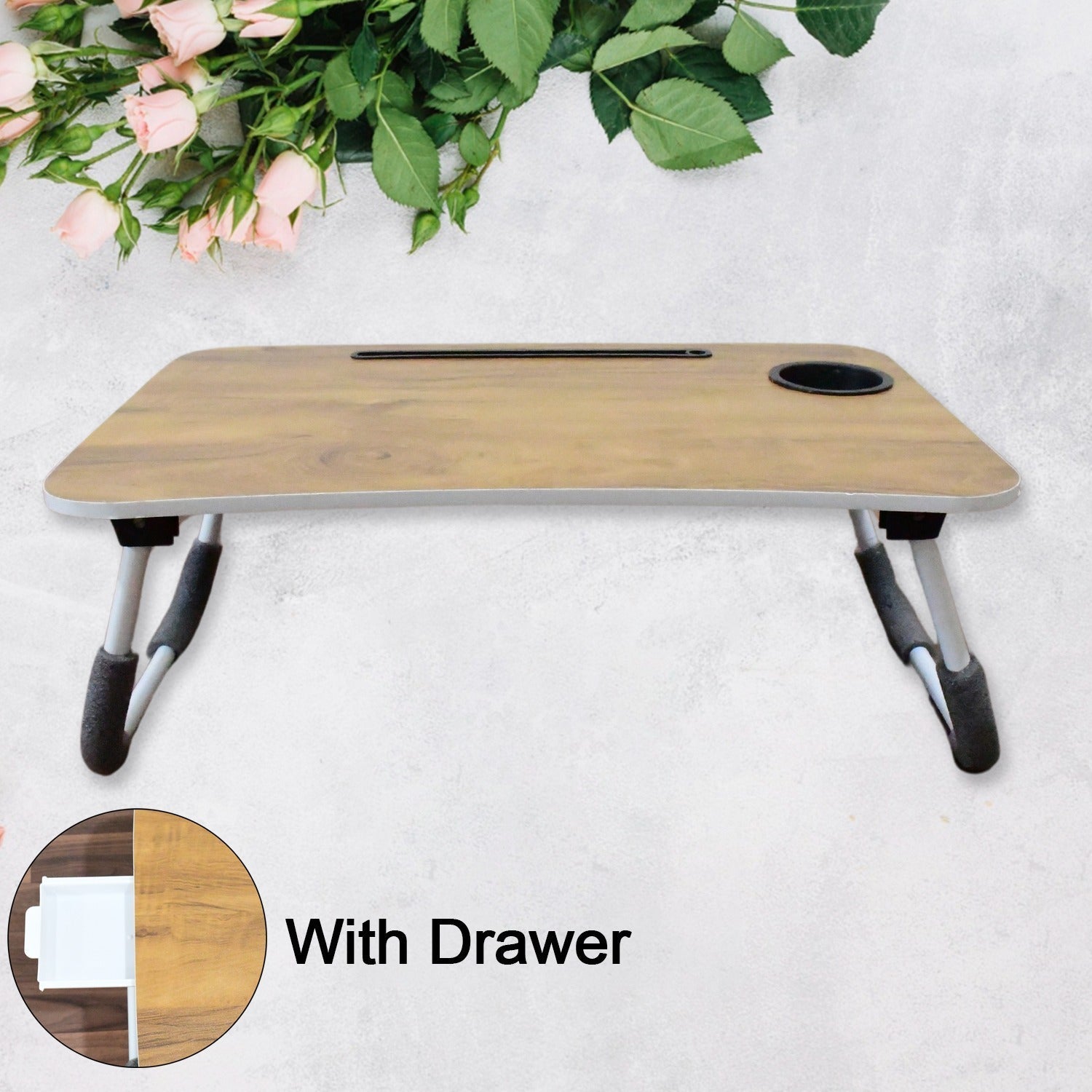 Multi - Purpose Laptop Desk for Study and Reading with Foldable, Cupholder & Drawer (1 Pc / Mix Plain Design / 58×38 Cm) - infinityexculsivestore.com