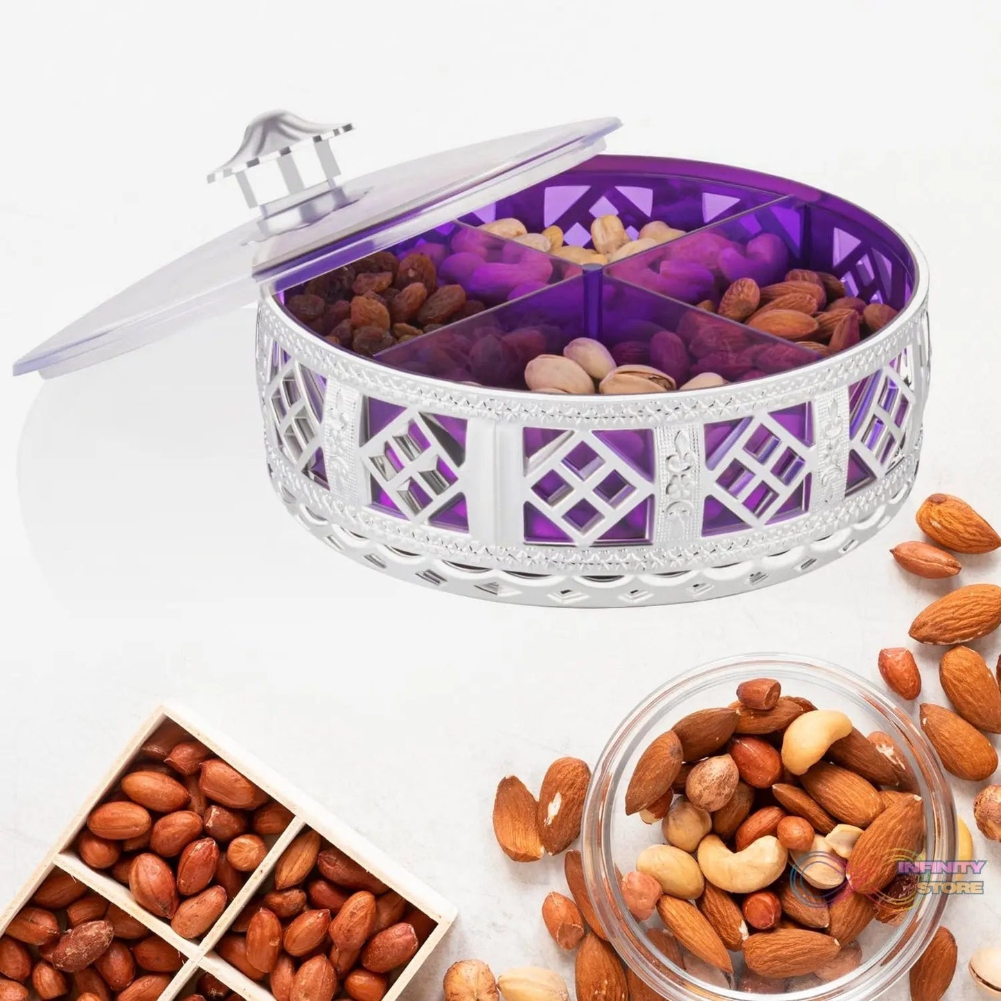 Multipurpose Dry Fruit Box 4 Section Dry Fruit Round Silver Gift Box (1 Pc) - infinityexculsivestore.com