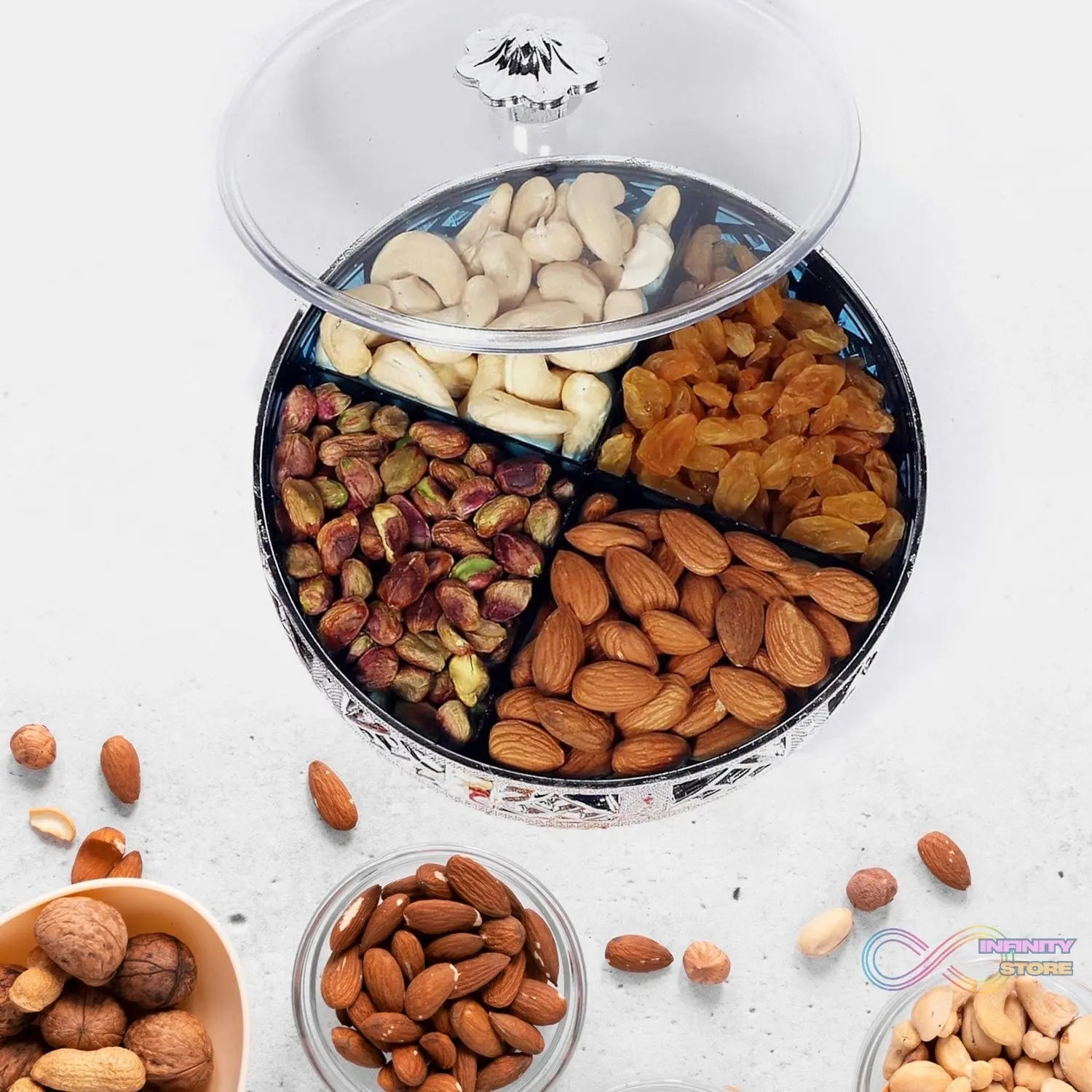 Multipurpose Dry Fruit Box 4 Section Dry Fruit Round Silver Gift Box (1 Pc) - infinityexculsivestore.com