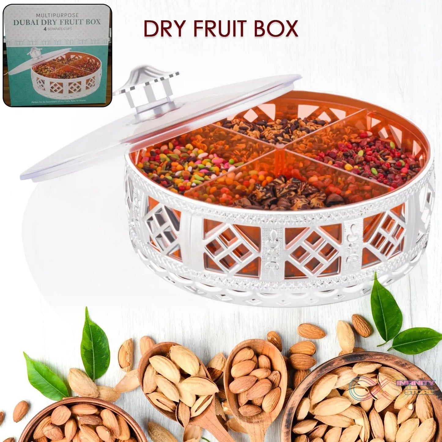 Multipurpose Dry Fruit Box 4 Section Dry Fruit Round Silver Gift Box (1 Pc) - infinityexculsivestore.com