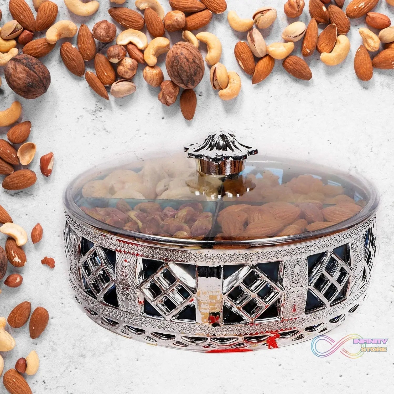 Multipurpose Dry Fruit Box 4 Section Dry Fruit Round Silver Gift Box (1 Pc) - infinityexculsivestore.com