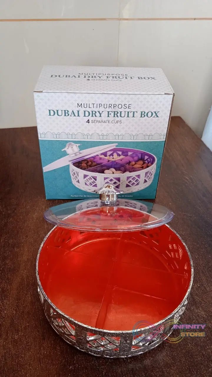 Multipurpose Dry Fruit Box 4 Section Dry Fruit Round Silver Gift Box (1 Pc) - infinityexculsivestore.com