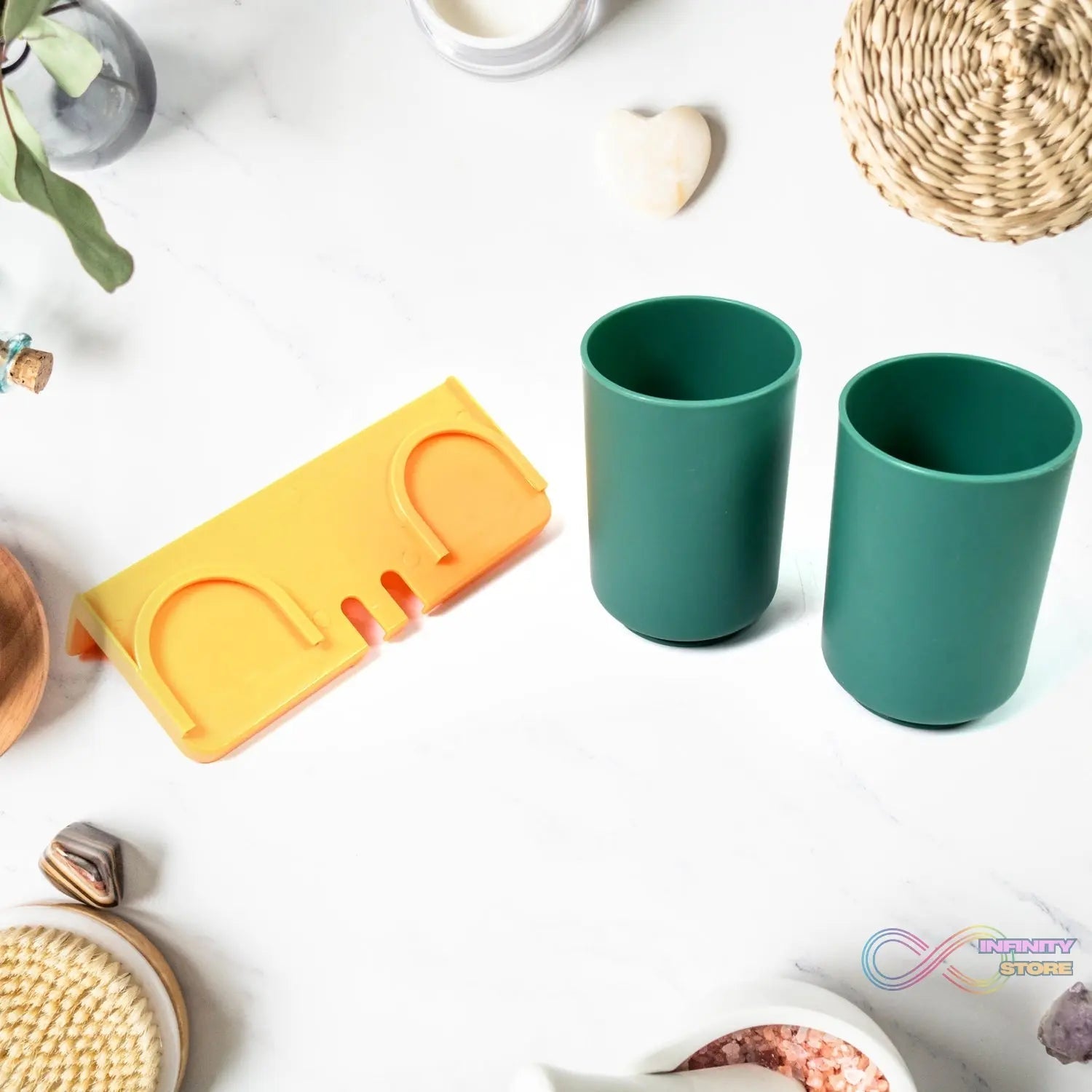 Multipurpose Wall Mount Toothbrush Holder Plastic Stand With 2 Cup (1 Set) - infinityexculsivestore.com