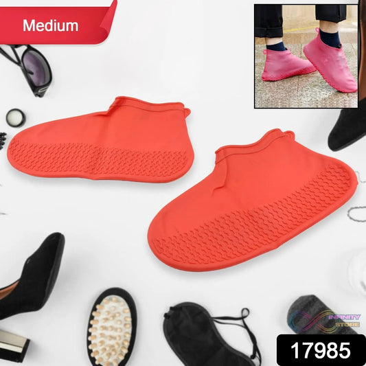 Non - Slip Silicone Rain Reusable Anti skid Waterproof Fordable Boot Shoe Cover (Medium Size / 1 Pair / Red) - infinityexculsivestore.com