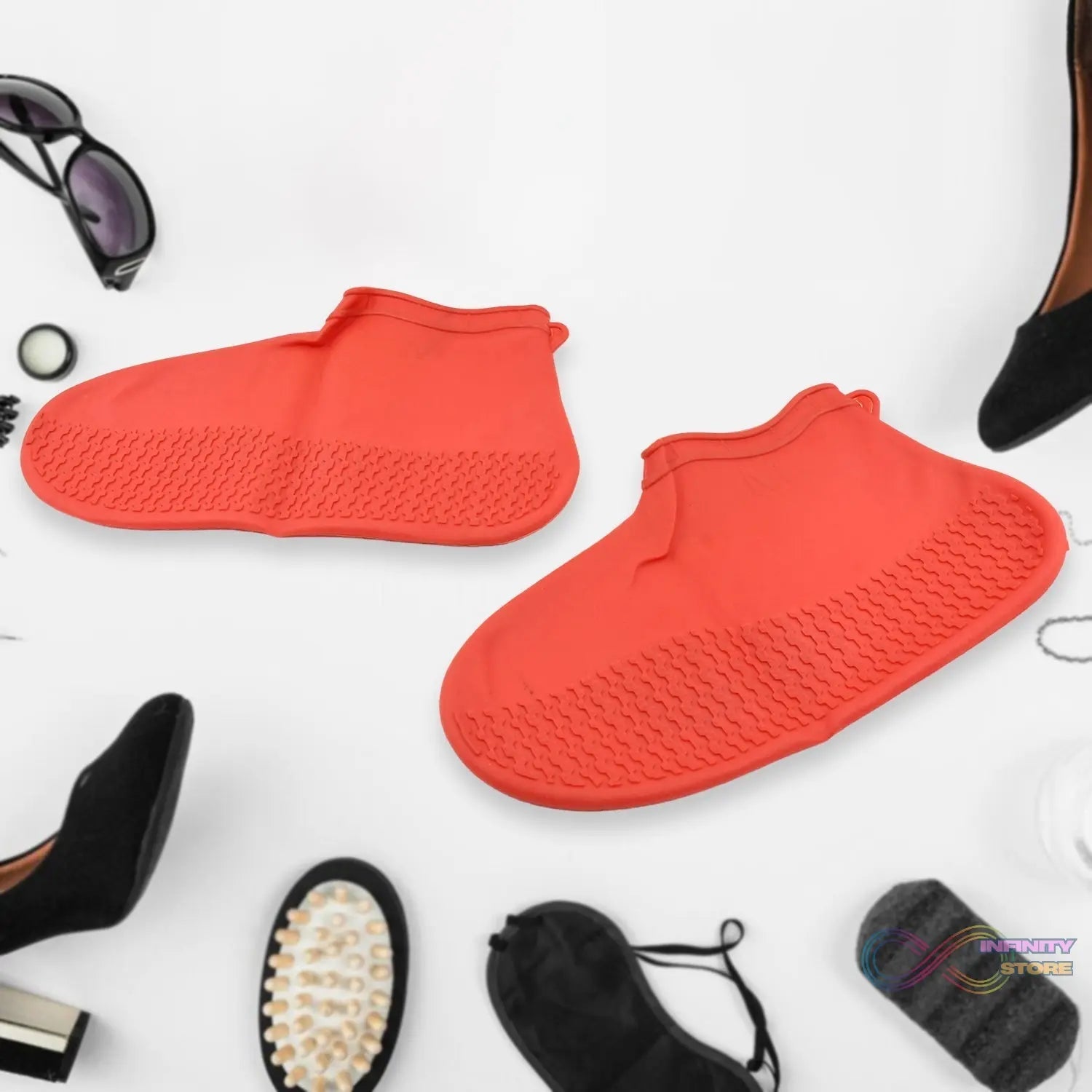 Non - Slip Silicone Rain Reusable Anti skid Waterproof Fordable Boot Shoe Cover (Medium Size / 1 Pair / Red) - infinityexculsivestore.com
