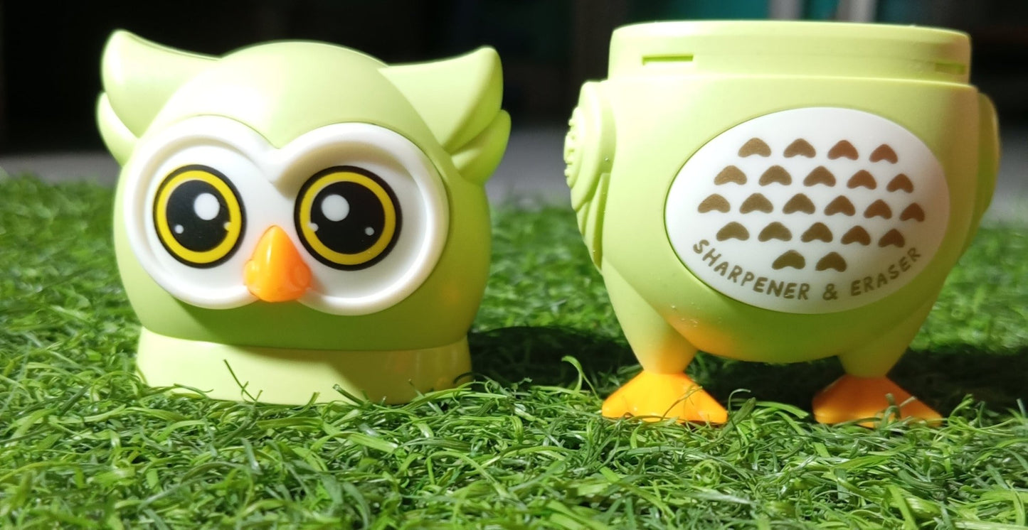 Owl Theme Pencil Sharpner and Eraser 2 in 1 Combo For Kids (Green) - infinityexculsivestore.com