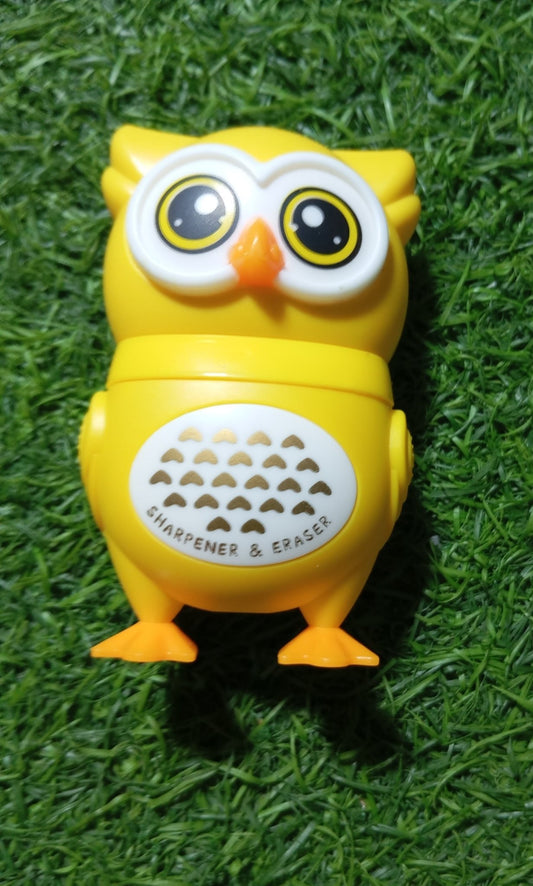 Owl Theme Pencil Sharpner and Eraser 2 in 1 Combo For Kids (Yellow) - infinityexculsivestore.com