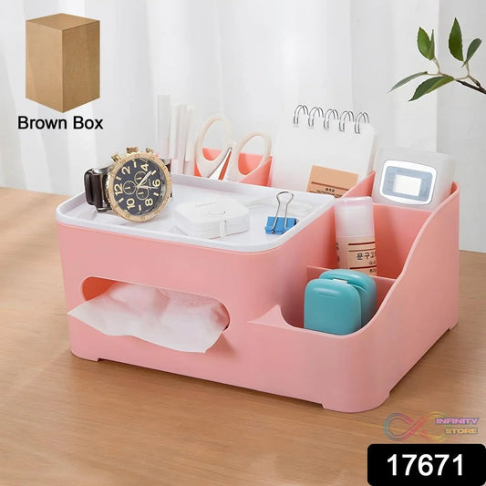 Tissue Paper Storage Holder, Stationery Storage Remote Control, Decorative Pen, Pencil, Napkin, Mobile Phone Multi - Function Desk Storage Organizer for Home and Office (6 Compartment) - infinityexculsivestore.com