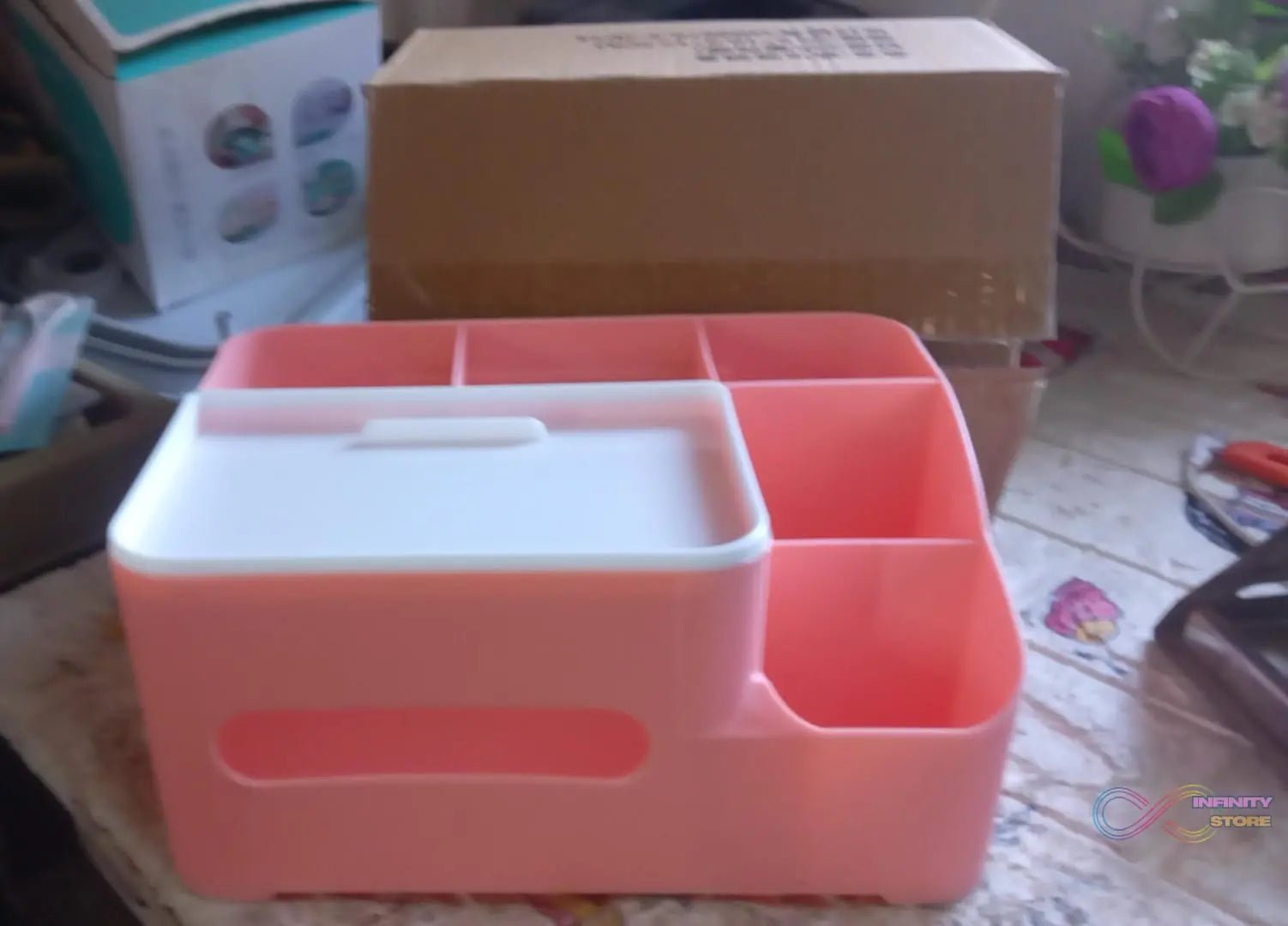 Tissue Paper Storage Holder, Stationery Storage Remote Control, Decorative Pen, Pencil, Napkin, Mobile Phone Multi - Function Desk Storage Organizer for Home and Office (6 Compartment) - infinityexculsivestore.com
