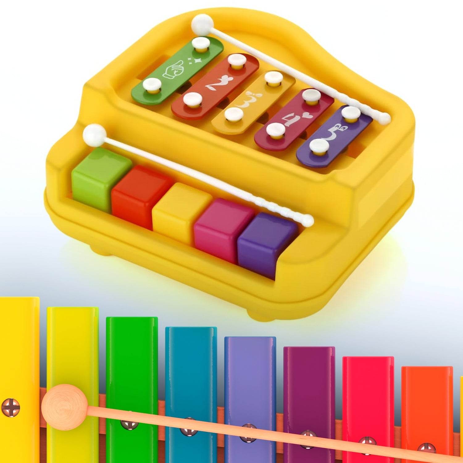 2 in 1 Baby Piano Xylophone Toy for Toddlers, 5 Multicolored Key Keyboard Xylophone Piano, Preschool Educational Musical Learning Instruments Toy for Baby Kids Girls Boys 3+ Years (1 Pc) - infinityexculsivestore.com