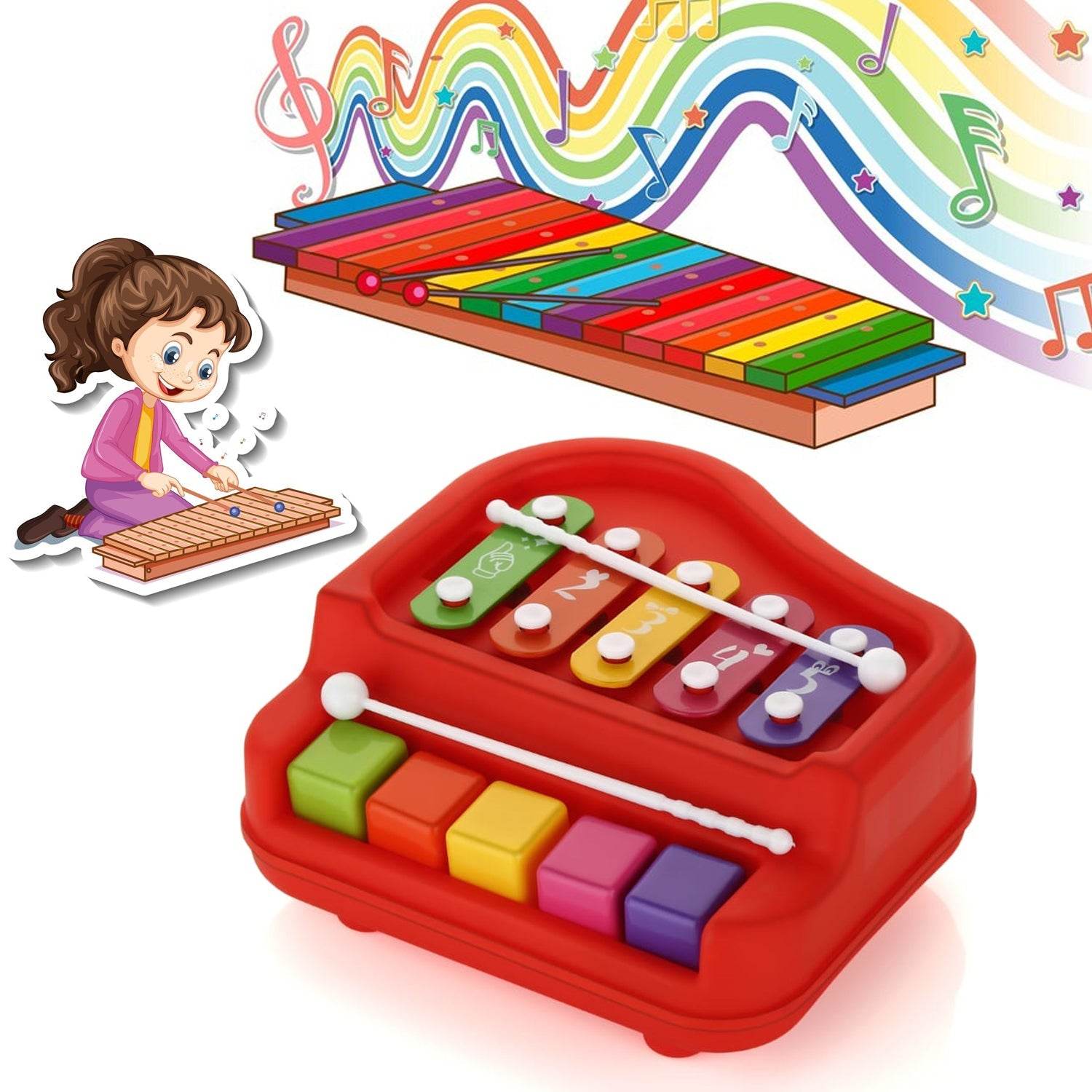 2 in 1 Baby Piano Xylophone Toy for Toddlers, 5 Multicolored Key Keyboard Xylophone Piano, Preschool Educational Musical Learning Instruments Toy for Baby Kids Girls Boys 3+ Years (1 Pc) - infinityexculsivestore.com