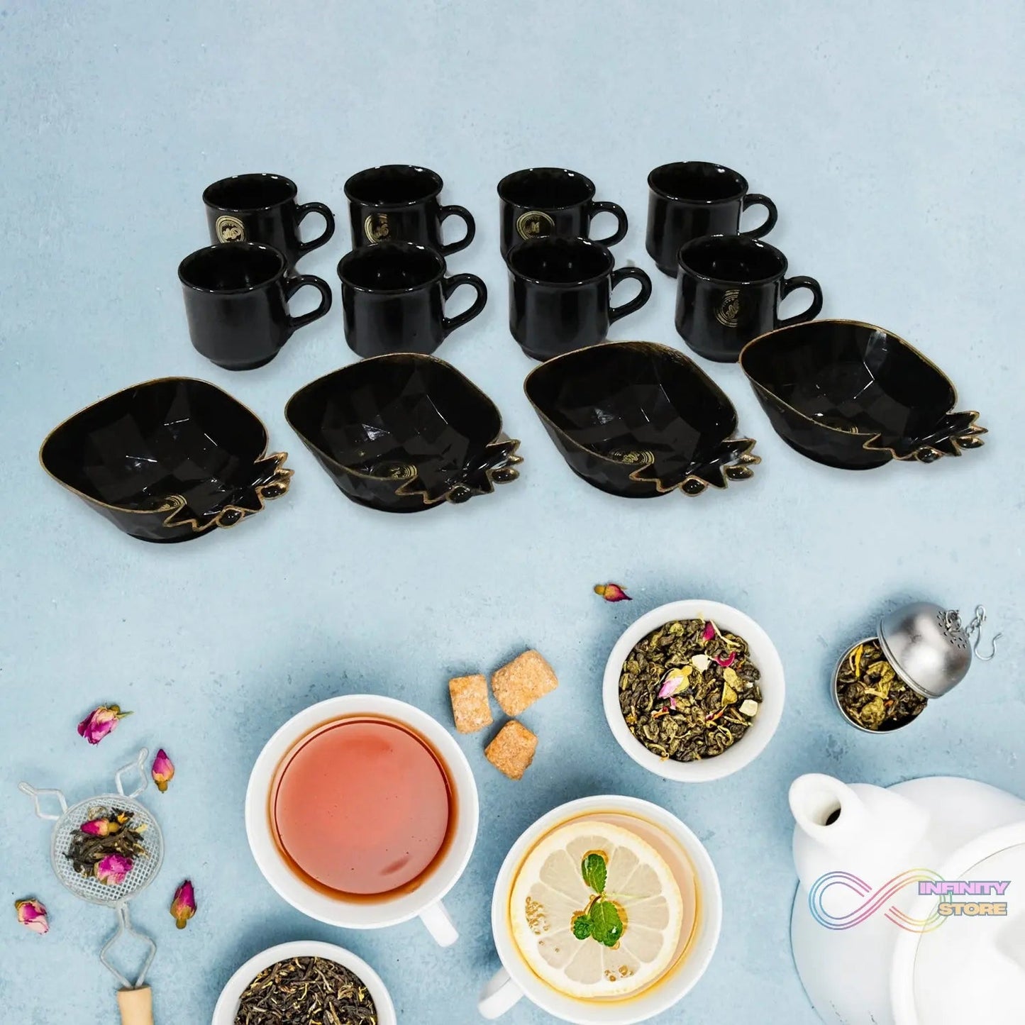 Pine Junction Ceramic Tea / cups / Mug Set With Pineapple Shape Serving Bowl (12 Pcs set) - infinityexculsivestore.com