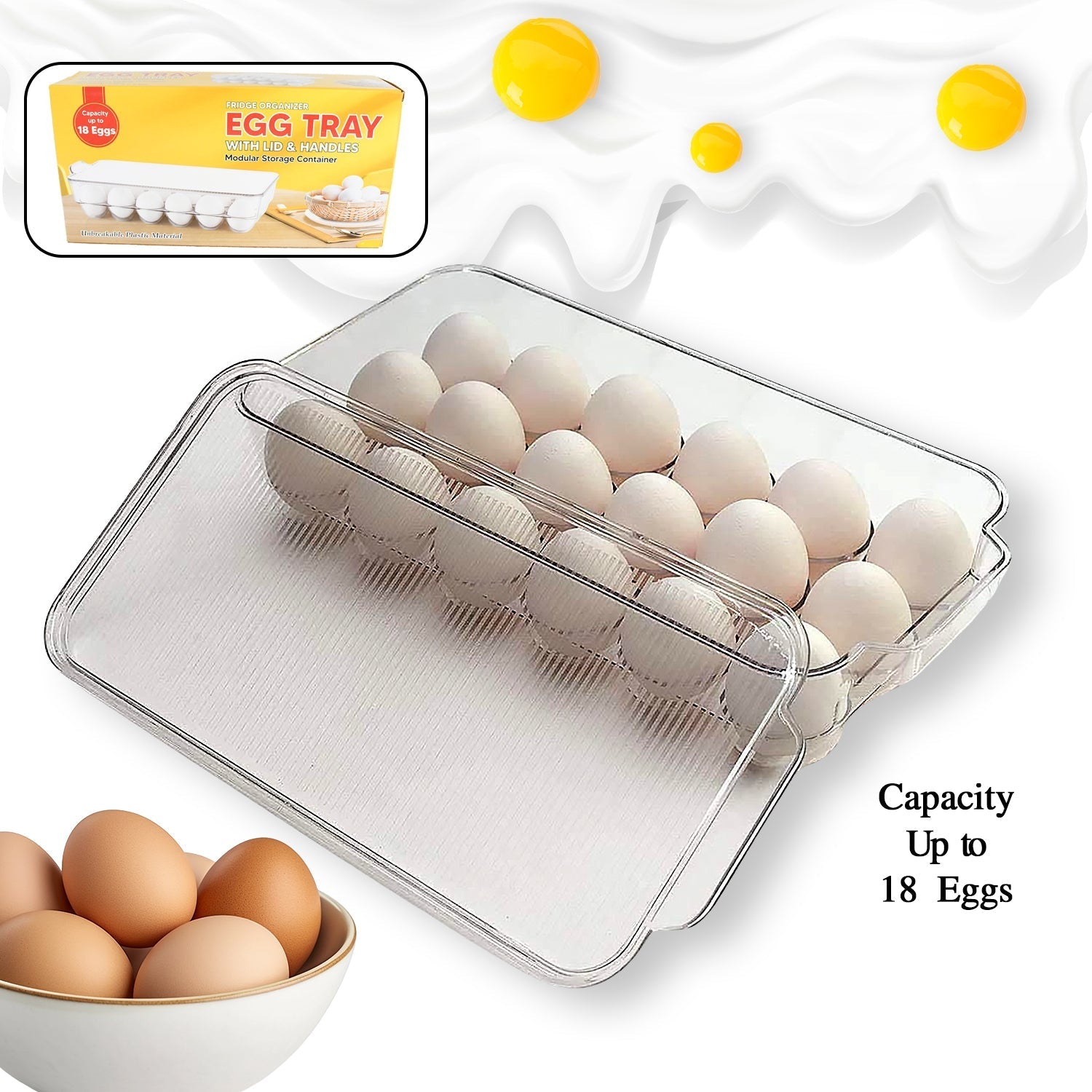Plastic 18 Cavity Egg Storage Box Or Egg Trays For Refrigerator With Lid & Handles High Quality, Rectangular Egg Tray Box For 18 Egg (1 Pc) - infinityexculsivestore.com