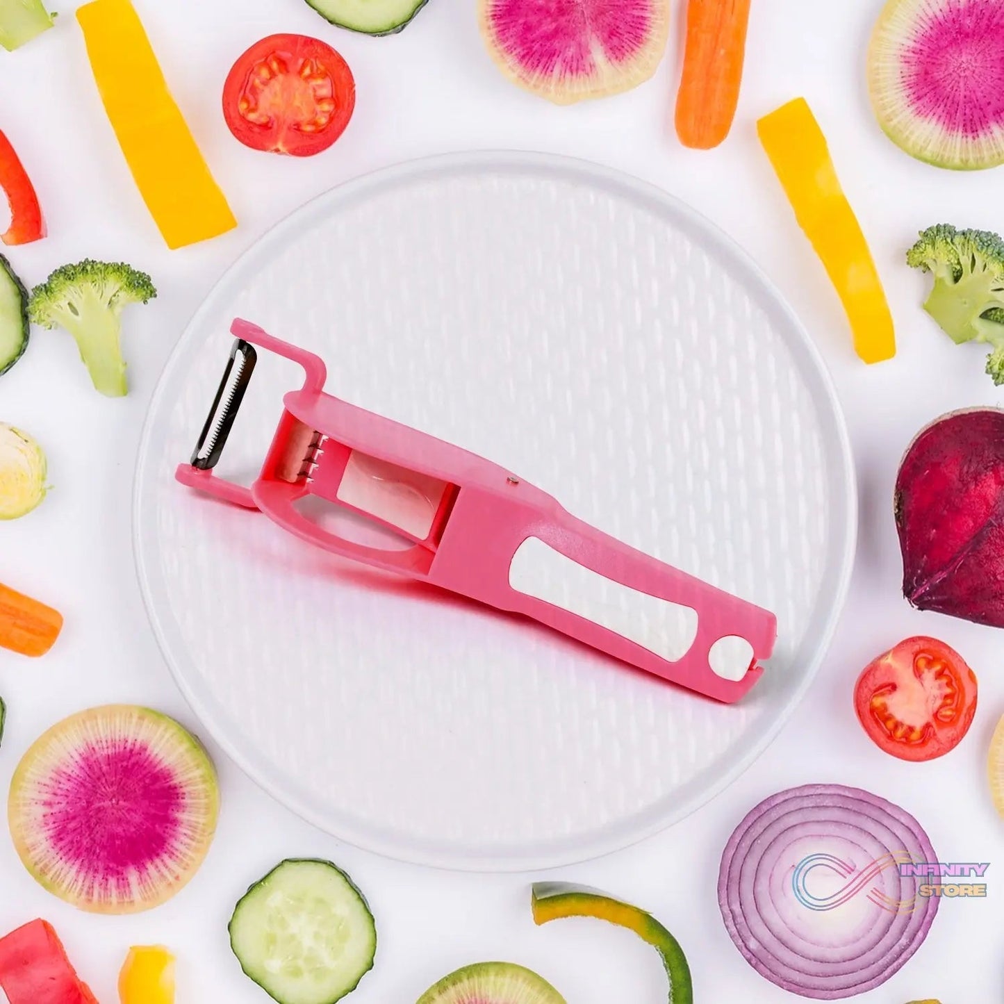 Plastic 2 in 1 Vegetable & Fruit Multi Cutter 5 Blade Vegetable Cutter with Peeler (1 Pc / Multicolor) - infinityexculsivestore.com