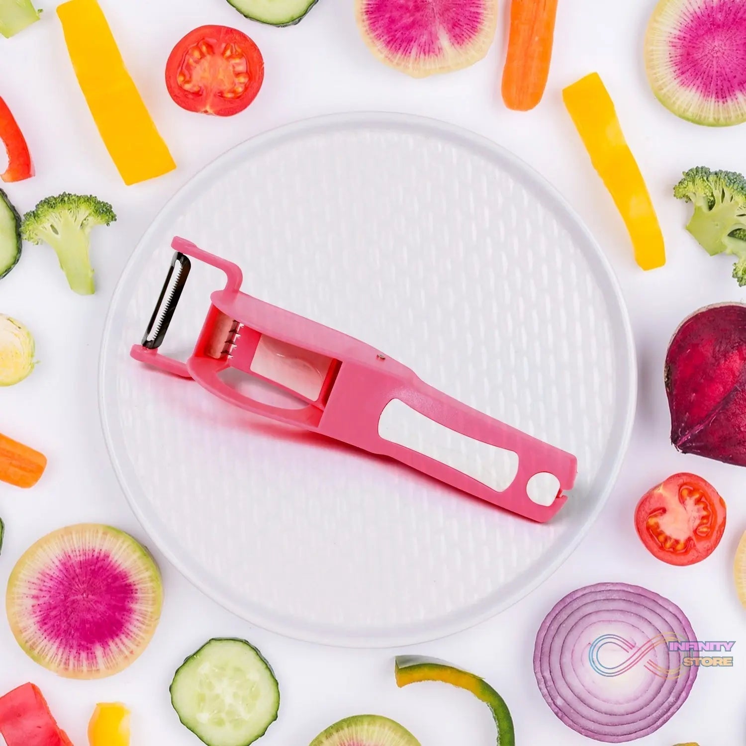 Plastic 2 in 1 Vegetable & Fruit Multi Cutter 5 Blade Vegetable Cutter with Peeler (1 Pc / Multicolor) - infinityexculsivestore.com