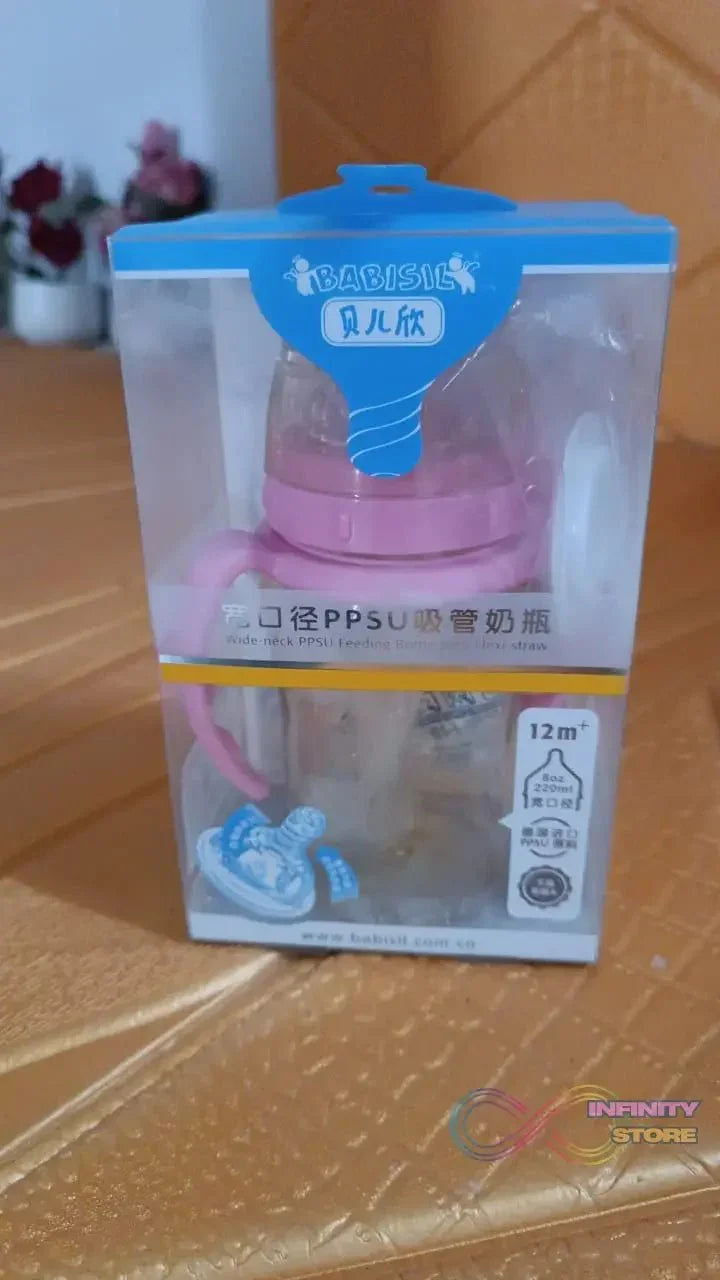 Plastic Baby Feeding Bottle with Handles & Straw (220 ML / 1 Pc) - infinityexculsivestore.com