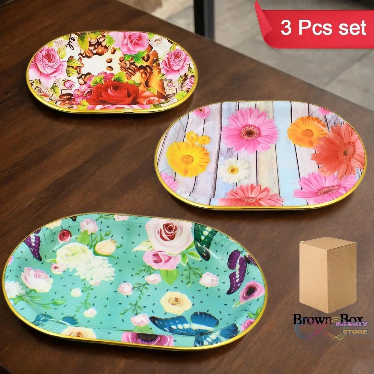 Plastic Flower Printed Design Serving Tray (3 Pcs Set / Mix Color) - infinityexculsivestore.com